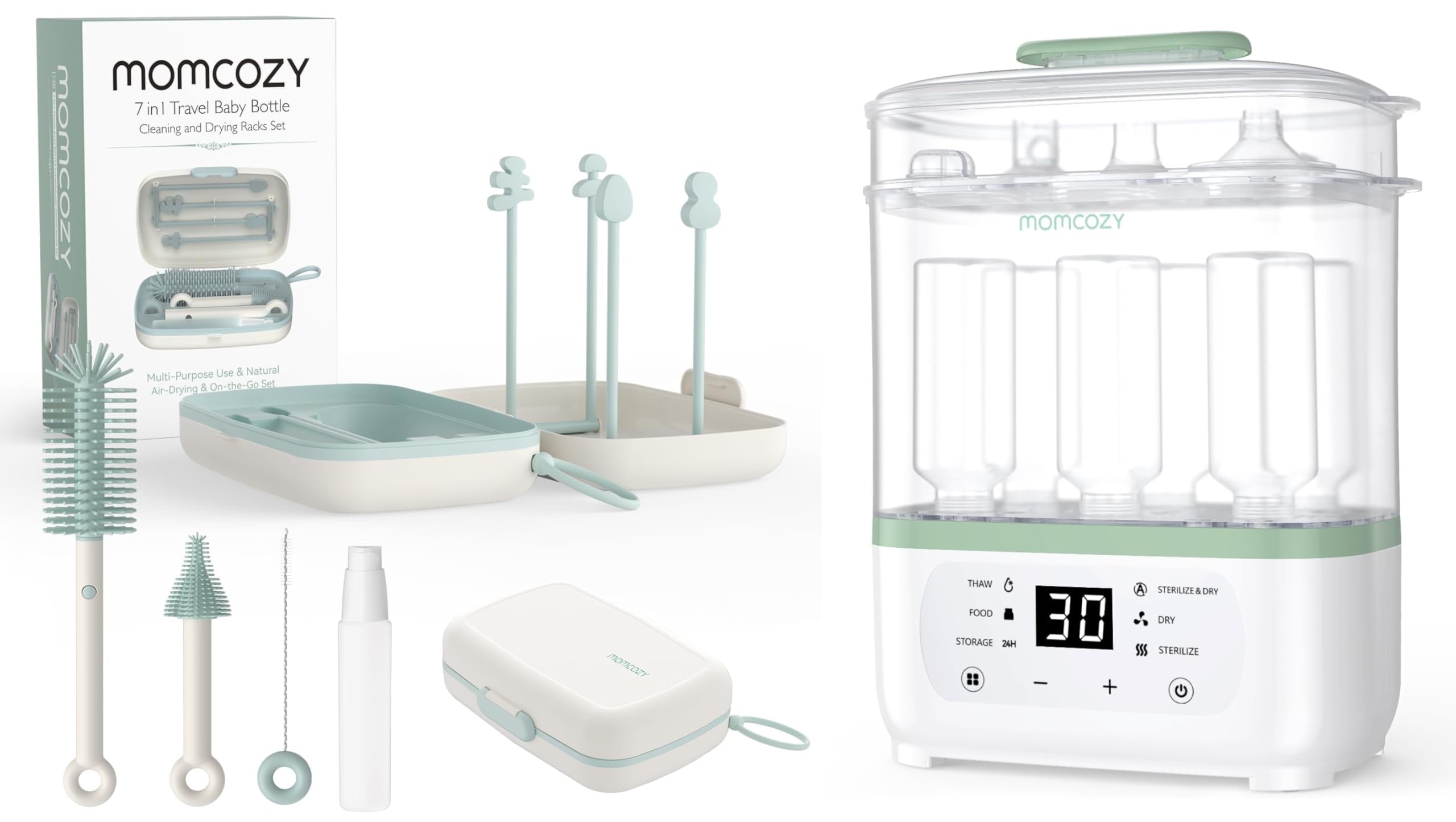 Momcozy Set 7-in-1 per biberon – kit pulizia completo con spazzola in silicone, punta per tettarelle, pulisci-cannucce,Sterilizzatore Biberon Elettrico a Vapore 3-in-1 – Sterilizza, Asciuga e Riscalda