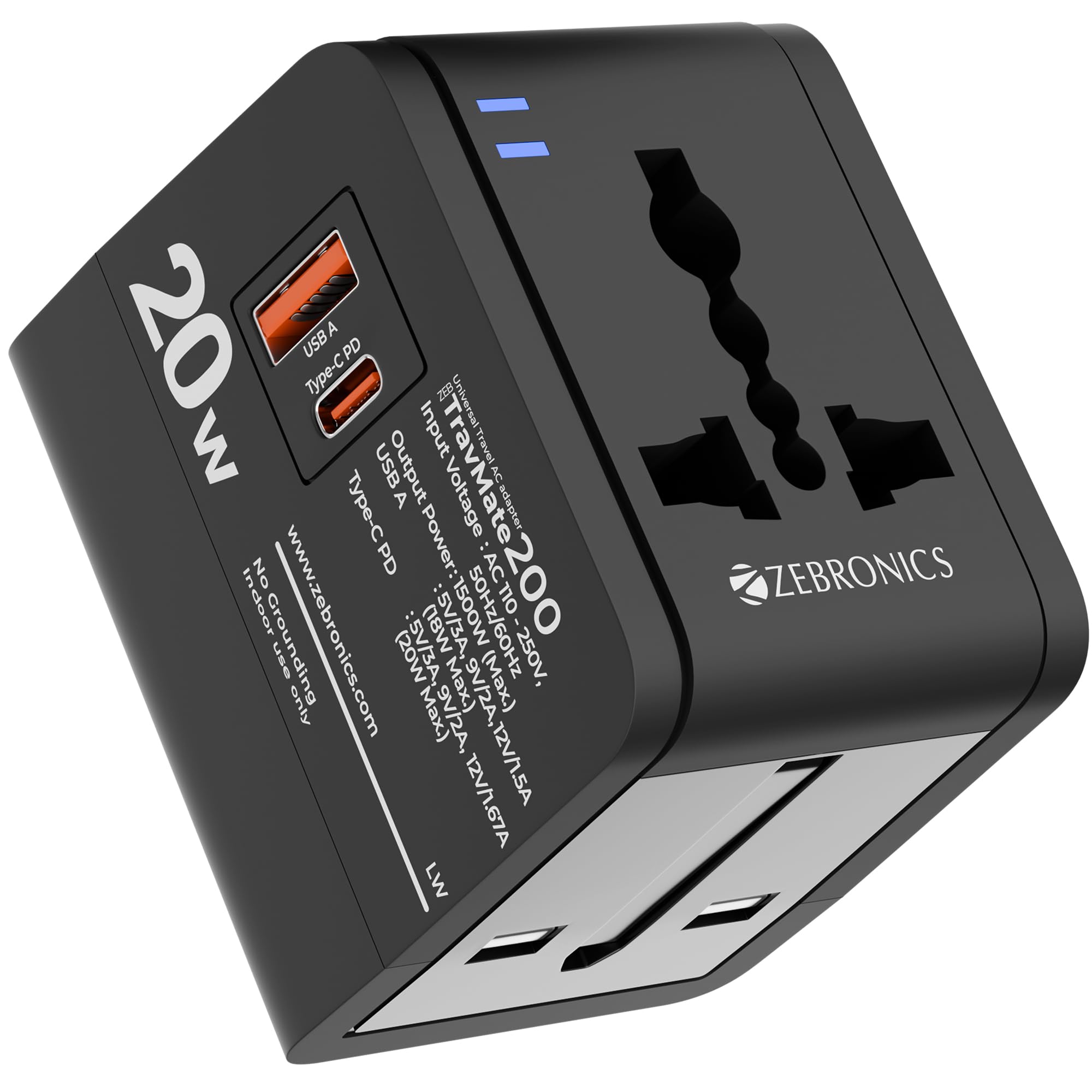 Zebronics 1500W All-in-One Universal Travel Adapter, Upto 6A, USB-A, Type-C, Universal Socket, Swappable Pins for EU|KR|UK|US|JP|AUS|CN, for Mobile, Tablet, & Laptop (Travmate 200)-image-33