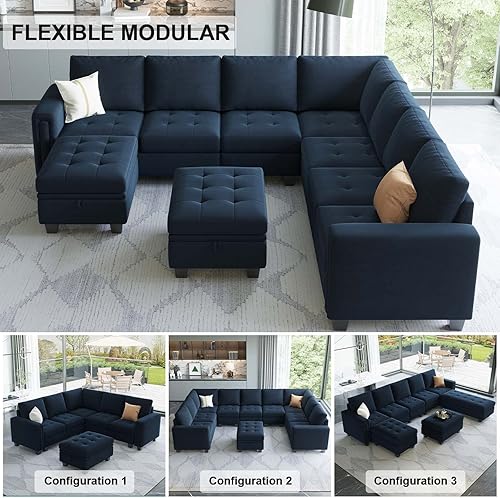 Miniatura 6 de Belffin Juego de sofá modular de terciopelo de gran tamaño de 8 asientos con almacenamiento otomano en forma de U, sofá modular convertible con