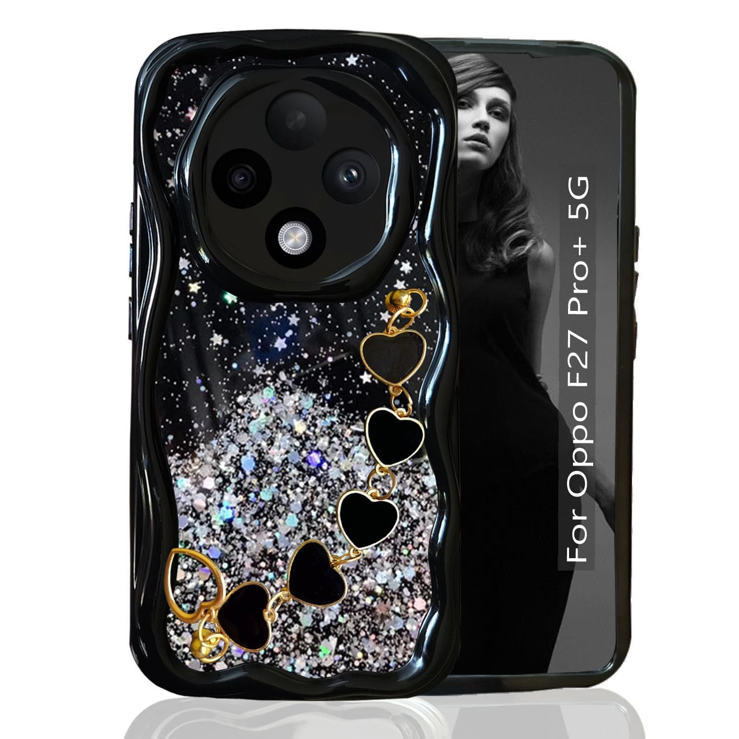 KC Back Cover for Oppo F27 Pro Plus 5G – 3D New Curly Wave Dry Fixed Non Moving Starry Glitter Love Heart Bracelet Chain Shockproof Soft Silicone Camera Protection Case (Black)