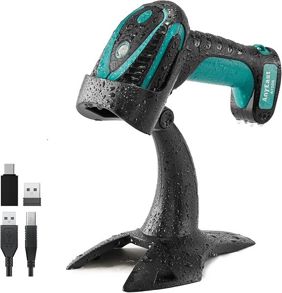 Anyeast Wireless Barcode Scanner with Stand, Industrial 1D 2D QR Bluetooth Barcode Scanner for Android, iOS, Windows, Mac, USB Bar Code Reader Scanner with Drop Resistant Dustproof Waterproof