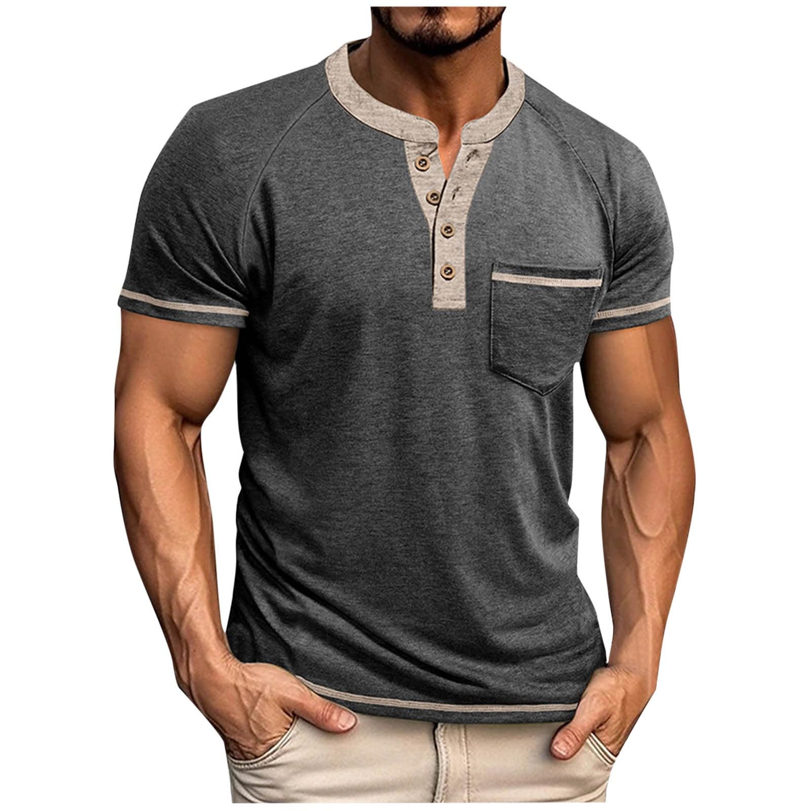 Camisetas de algodón para hombre, con botones, estilo Henley, de manga corta, cuello redondo, color liso, básicas, para el trabajo, estilo clásico, golf, con bolsillos, talla extragrande