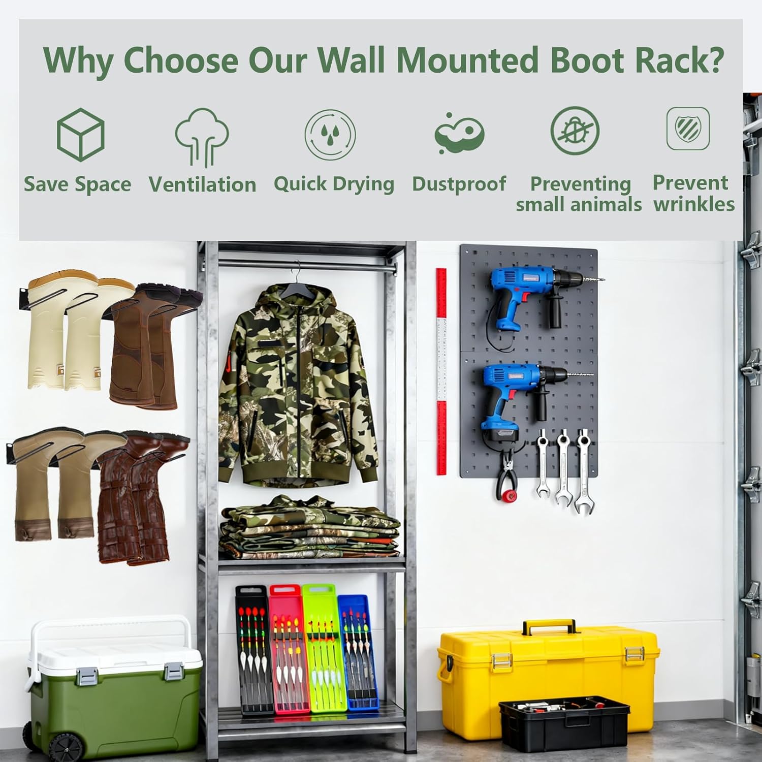 8 Pair Boot Rack for Wall Mounted - Wader Hangers for Drying Fishing Rain Hiking Tall Cowboy Boots - Boot Hanger Holder for Indoor Outdoor Entryway Garage Mudroom Closet