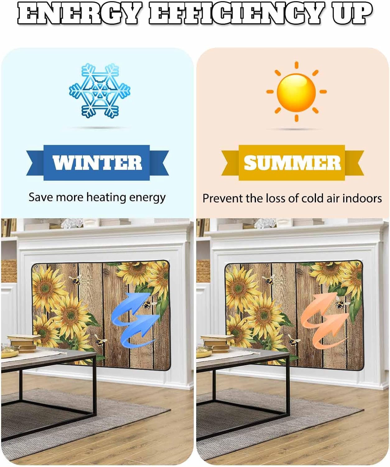 Magnetic Fireplace Cover Sunflower Fireplace Screen Decorative Vintage Wood Grain Floral Dragonfly Insulation Fireplaces Blocker Save Energy Fireplaces Draft Stopper Covers for Living Room 39x32