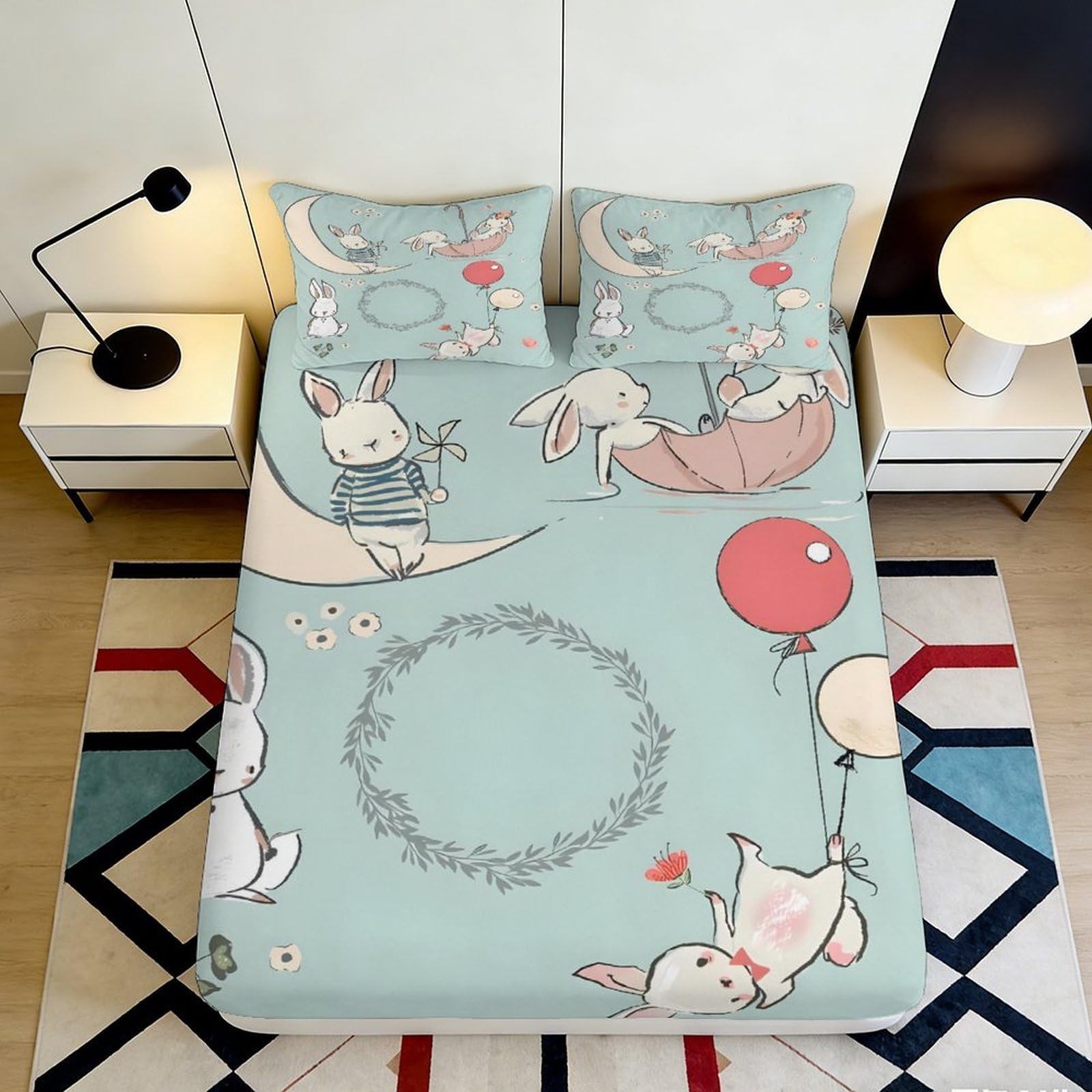 3D Printed Cute Bunny Pattern Fitted Sheet Microfiber Soft Breathable Cartoon Rabbit Bed Cover for Bedroom Dormitory Guest Room Mattress Protection 140x200x25cm