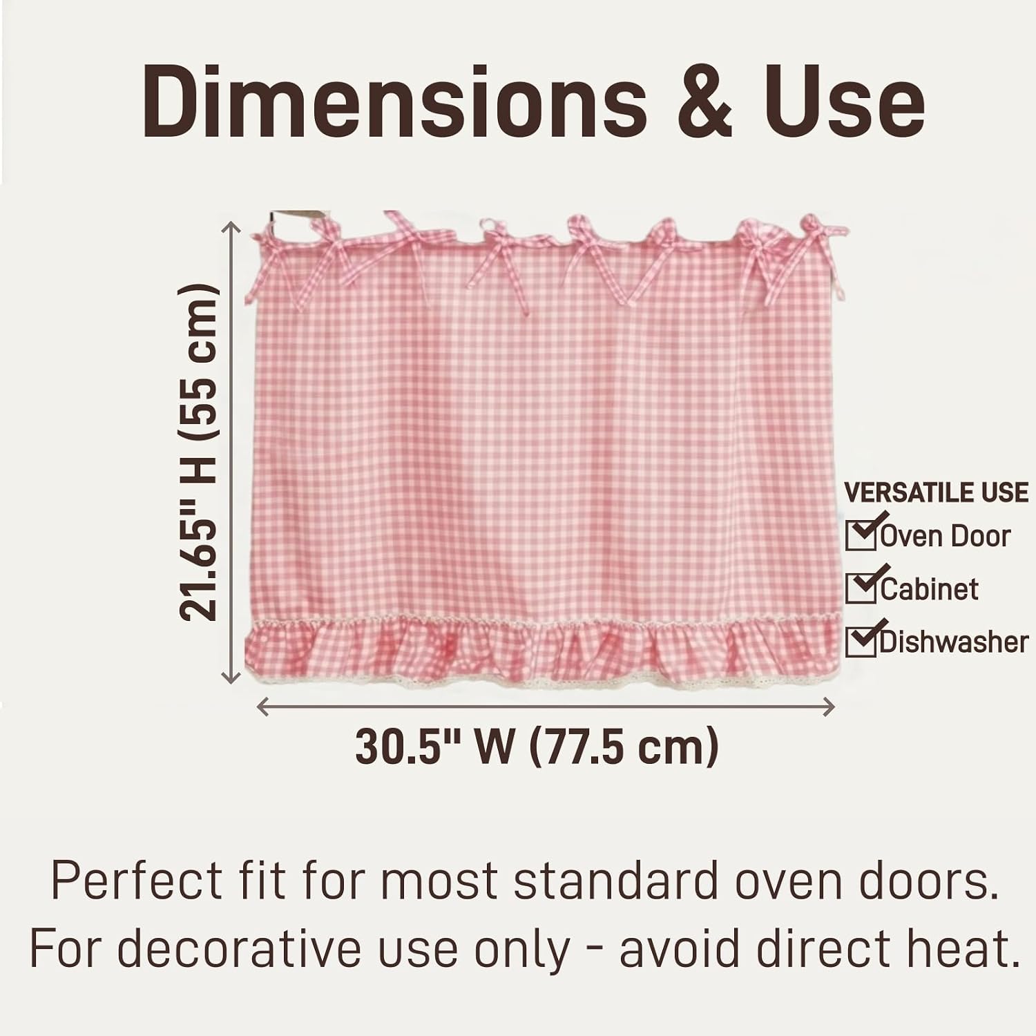 Pink Gingham Oven Skirt & Oven Curtain – Dishwasher Safe Cotton Blend Stove Cover with Lace Trim & 8 Ribbon Ties, Farmhouse Kitchen Decor