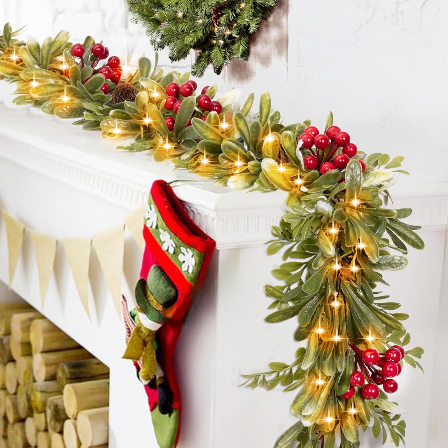 6.5FT Christmas Garland with Lights & Timer, 30 LED Pre-lit Greenery Olive Garland with Red Berry Pinecone, Battery Operated Lighted Garland for Fireplace Mantle Door Stairs Table Christmas Decoration - Image 8