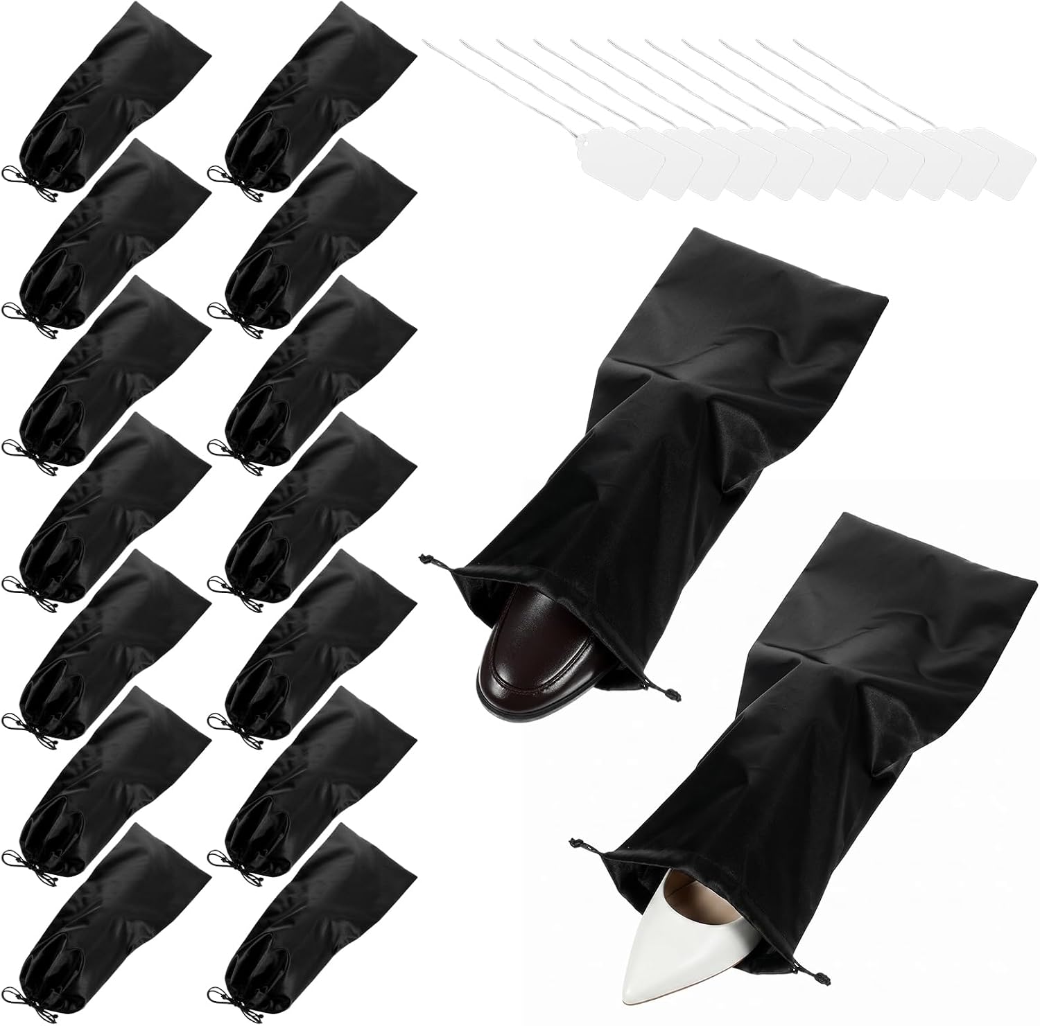 16 Pack Satin Shoe Bag with Drawstring, Black Shoe Storage Bags for Travel, Dust-Proof & Moisture-Proof Fabric Protectors (17.7 x 7.9 In) with 100 White Paper Tags