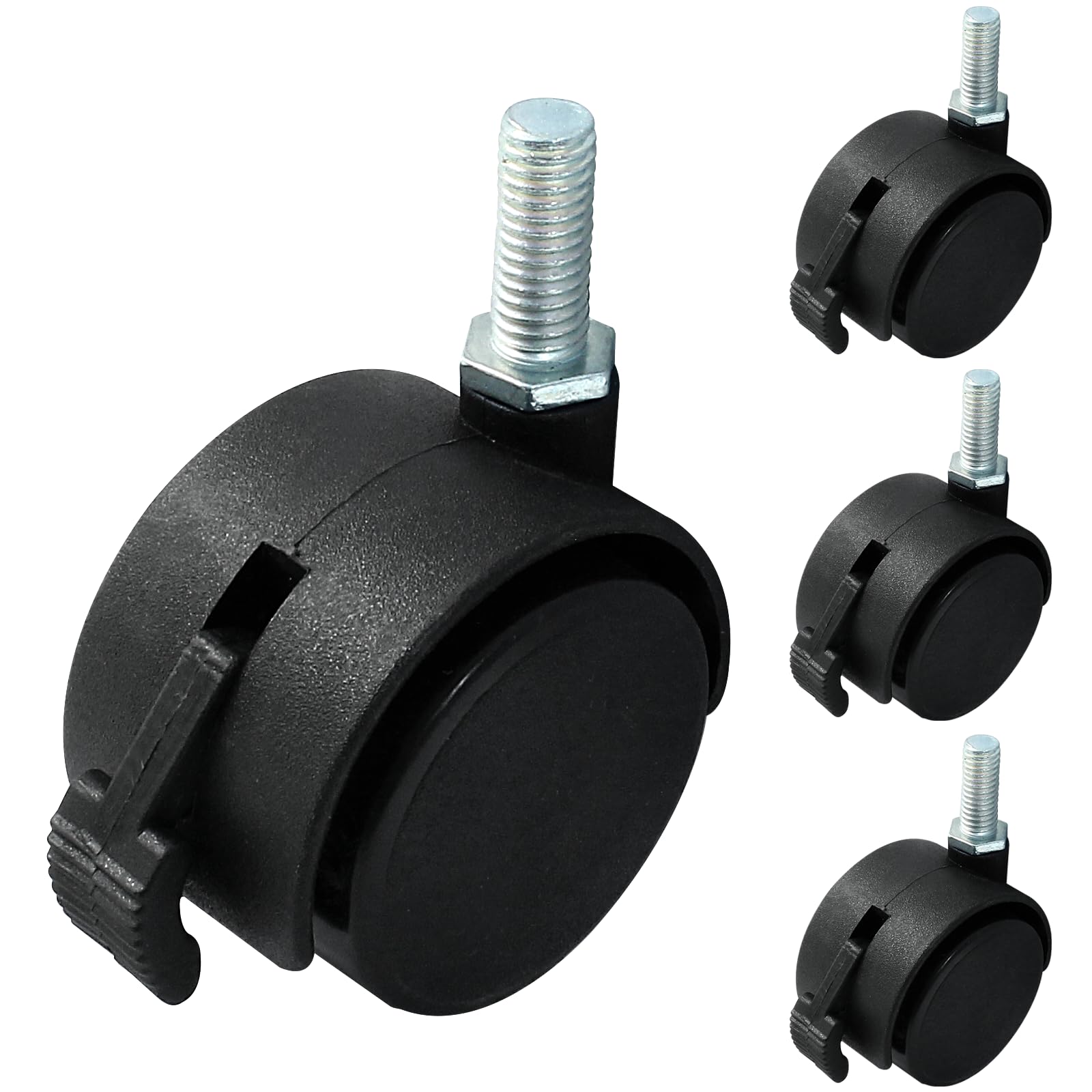 Unlorspy 4 Pcs 1.5 Inch Black Plastic Swivel Caster Wheels,M8 Threaded Stem Caster Wheels Replacement for Chair Furniture (with Locking Brakes,M8 x 20mm Threaded)