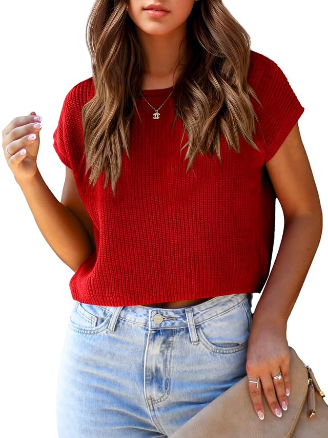 Saodimallsu Womens Cap Sleeve Crop Tops Summer Trendy Going Out Crew Neck Loose Knit Cropped Sweater Vest Tank