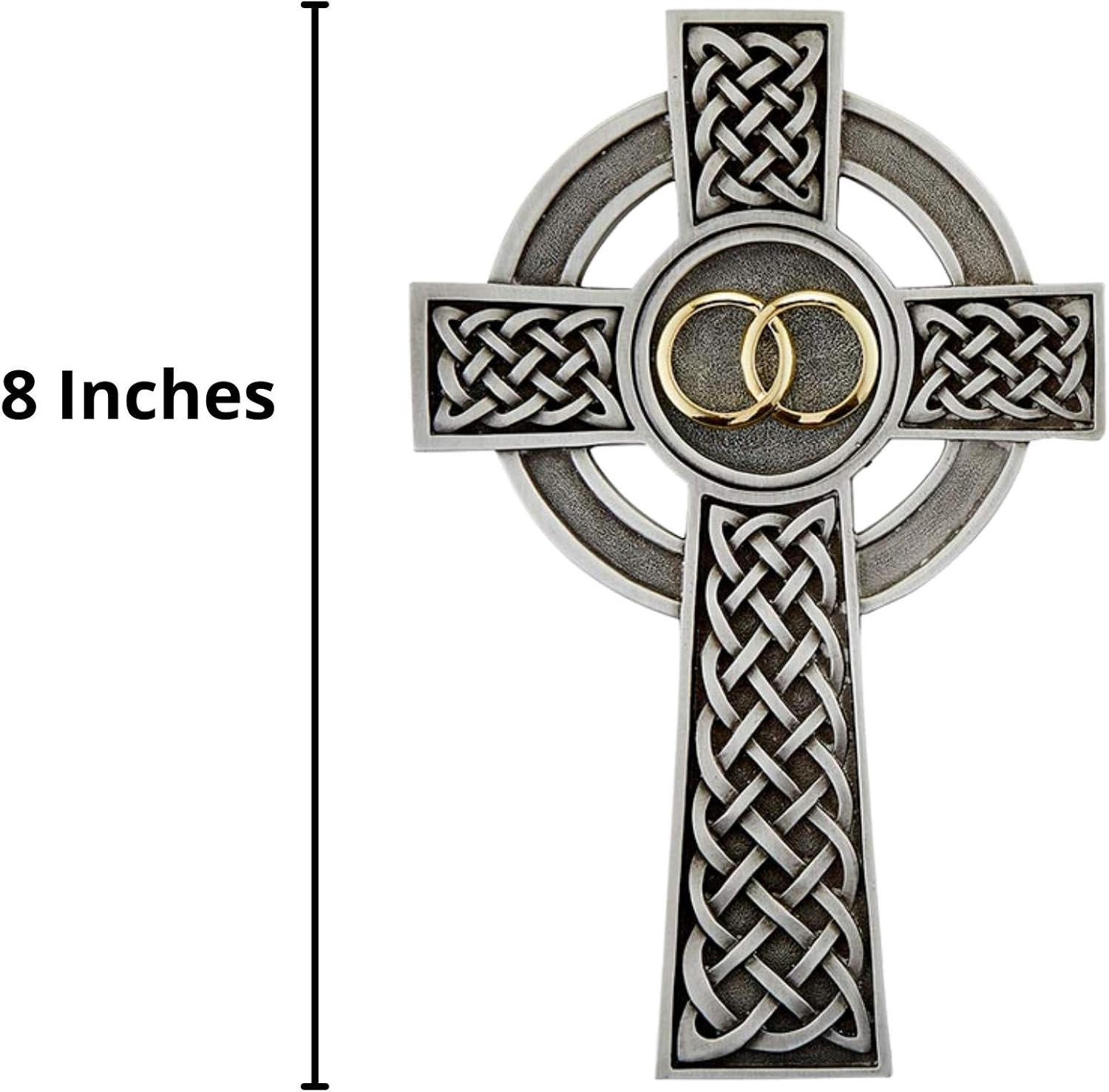 Celtic Crosses Pewter Knotted Celtic Wedding Anniversary Cross with Interlocking Rings, 8 Inch