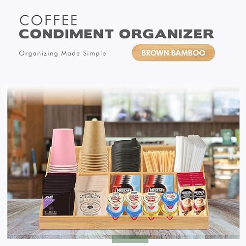 Miniatura 5 de Tirrito Organizador de condimentos de café, estación de café de bambú marrón de 11 compartimentos para encimera, accesorios de barra de café