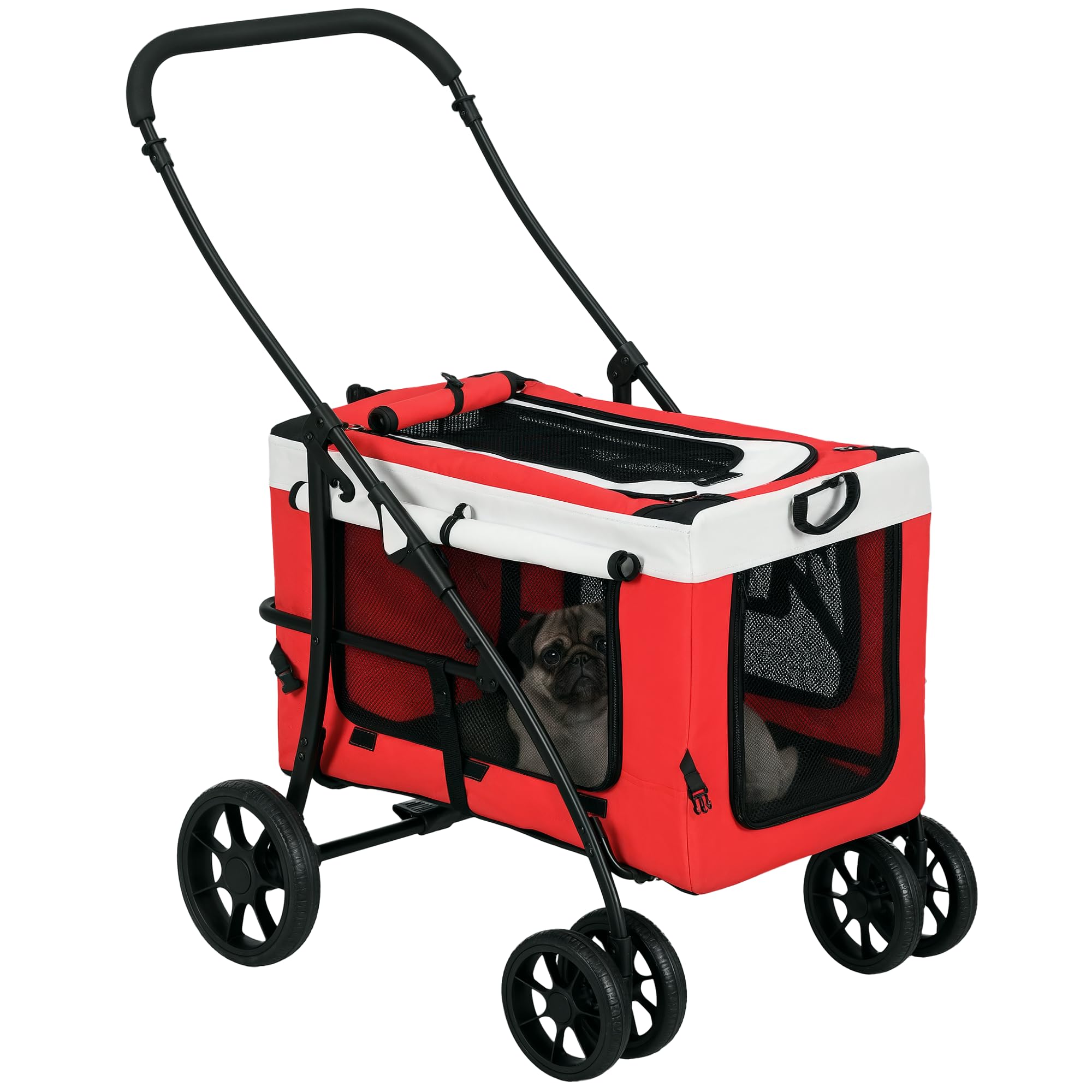 PawHut Dog Pram Dog Stroller Pet Pushchair with Detachable Carrier Soft Padding, Safety Leashes, for Mini and Small Dogs - Red