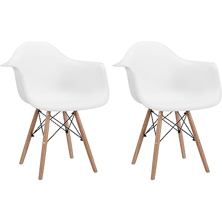 CangLong Natural Wood Legs Mid Century Modern DSW Molded Shell Lounge Plastic Arm Chair for Living, Bedroom, Kitchen, Dining, Waiting Room,2 PCs Pack- White, Set of 2, White