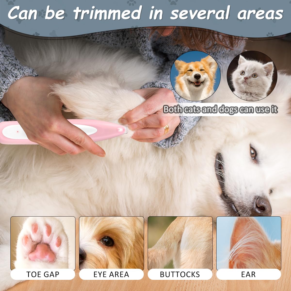 Tondeuse Chat/Chien Rose,Toilettage du Chien Avec Lumière LED,Tondeuse Animaux à Faible Bruit,Rechargeable par USB,Tondeuse Patte Chien Entre Coussinets pour Chat et Chiens Pattes,Oreilles,Croupe
