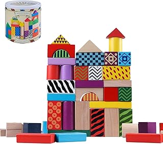 50 Pcs Wooden Building Blocks Set with Storage Bucket, Montessori Stacking Blocks & Shape Sorting Toys for Toddlers, Preschool Learning Toys for Boys & Girls, Kids Brightly Colored Blocks