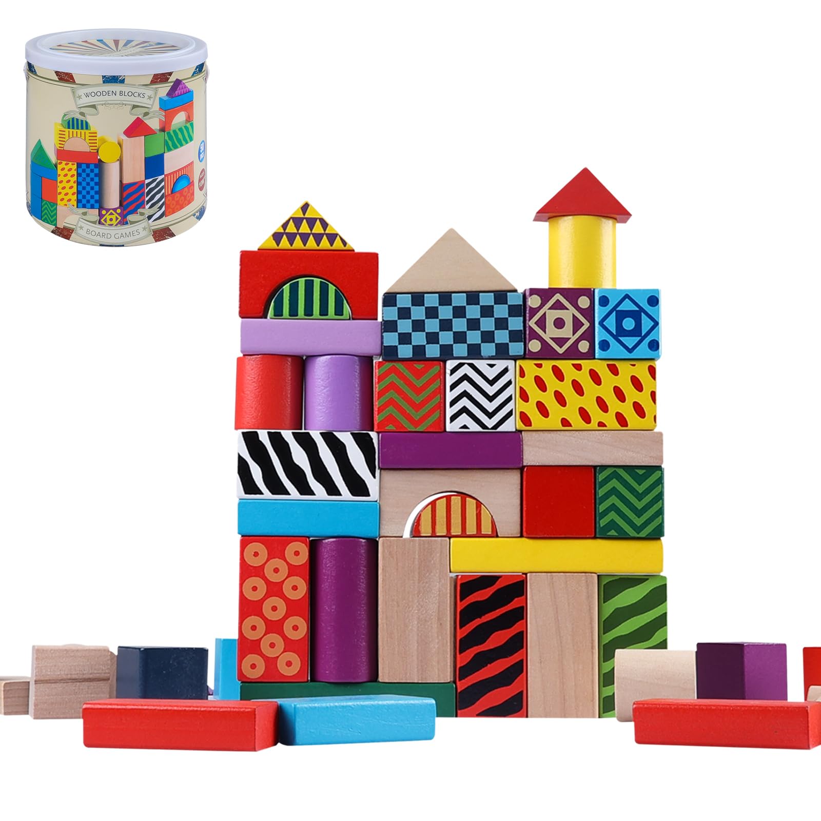 Offelec 50 Pcs Wooden Building Blocks Set with Storage Bucket, Montessori Stacking Blocks & Shape Sorting Toys for Toddlers, Preschool Learning Toys