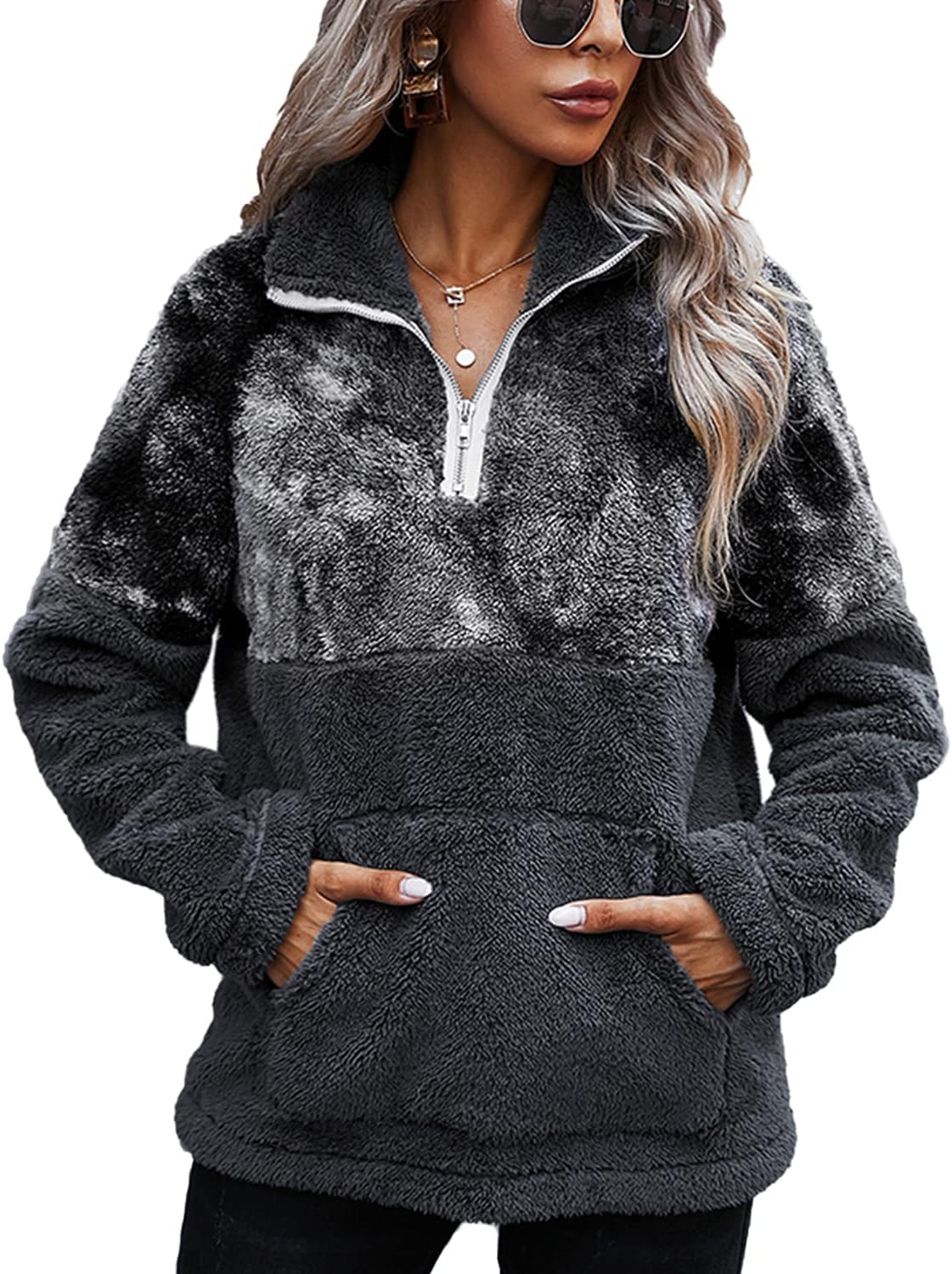 Women's Baggy Fluffy Pullover Hoodie with 1/4 Zipper and Drawstring for Winter Ladies Long Sleeves Sweatshirt Soft Tops Teddy Fleece