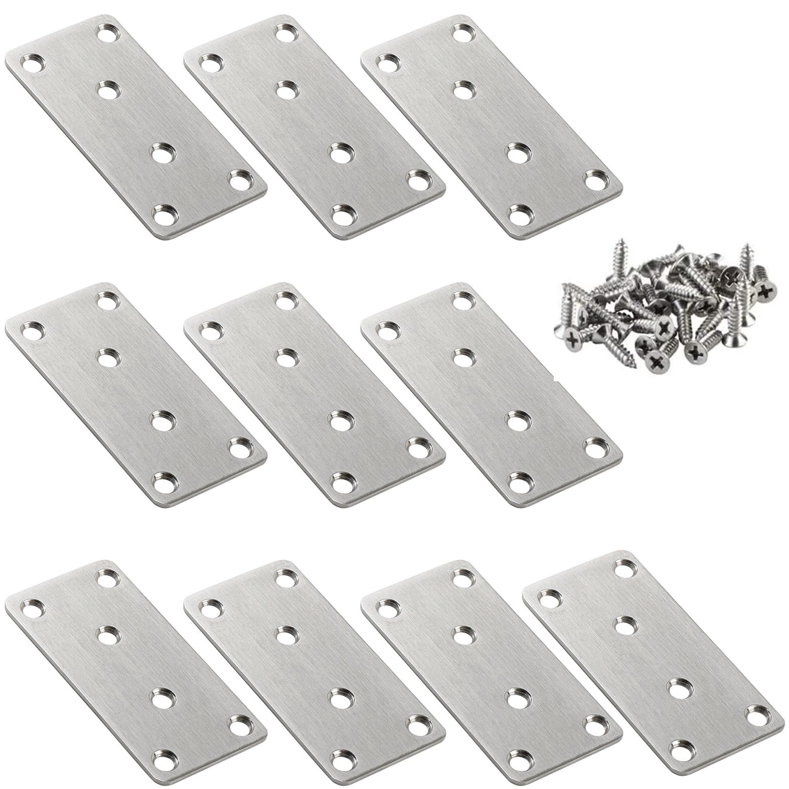 Anhoer 10Pcs Stainless Steel Flat Brackets for Wood, Heavy Duty Mending Plates, Perforated Straight Joining Plates for Furniture Repair & Timber Connection, Durable Metal Brace Fixings