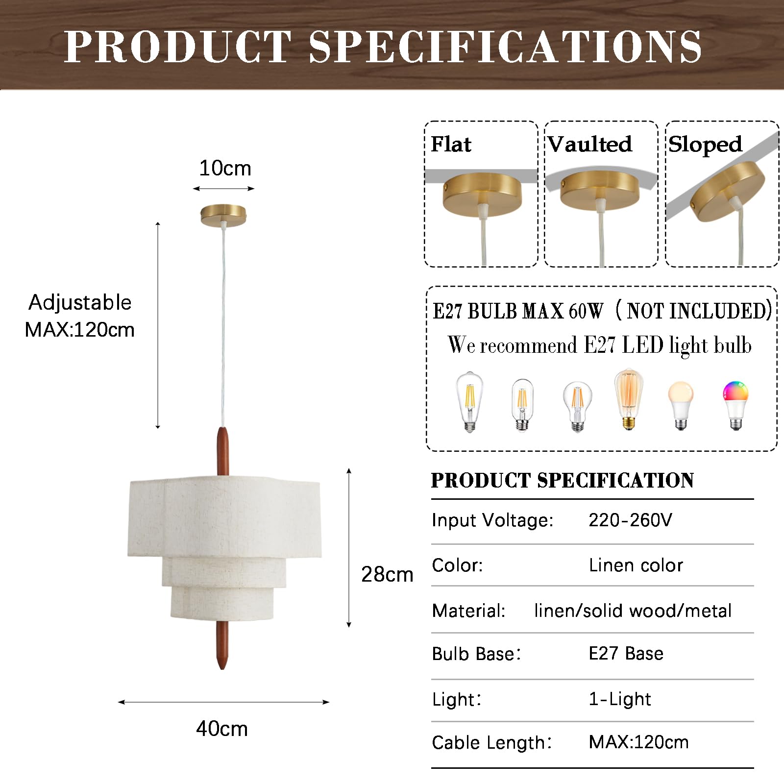 Lampadario Camera Da Letto Lino,40 cm Lampadario Soggiorno A 3 Piani Con Decorazione In Oro, Metallo E Legno Massello,Altezza Regolabile E27 Moderno Lampadari Cucina Per Cameretta Ristorante