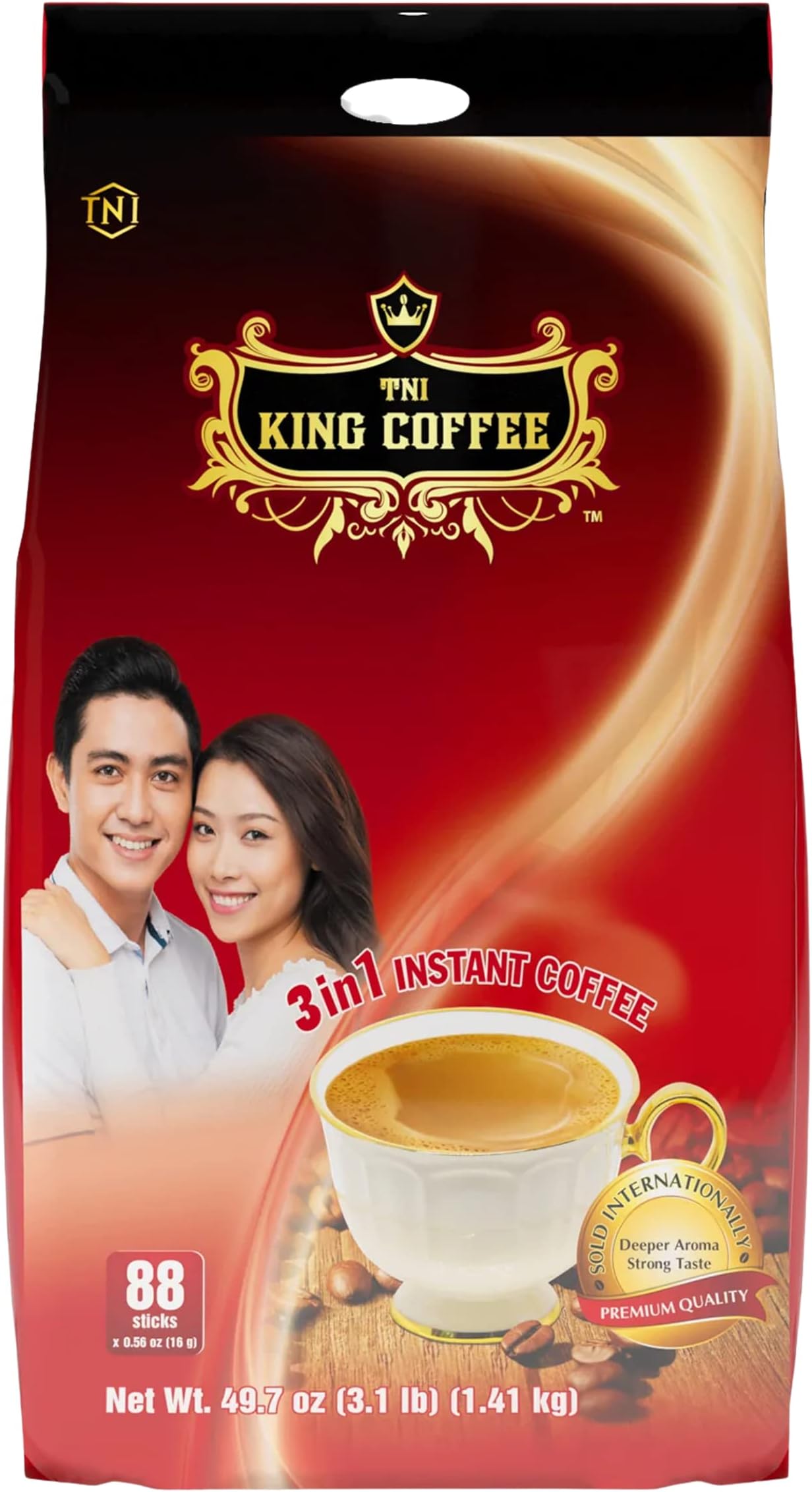 King Coffee Premium Instant Coffee - 3 in 1 Vietnamese Coffee Blend w/Creamer & Sugar - 88 Single Serve Instant Coffee Packets (1 Bag - 88 Sticks)