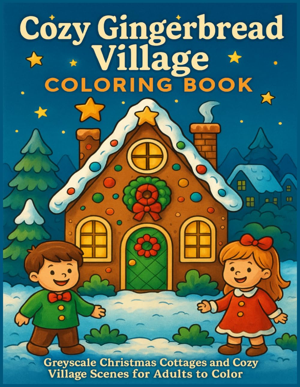 Cozy Gingerbread Village Coloring Book: Greyscale Christmas Cottages and Cozy Village Scenes for Adults to Color