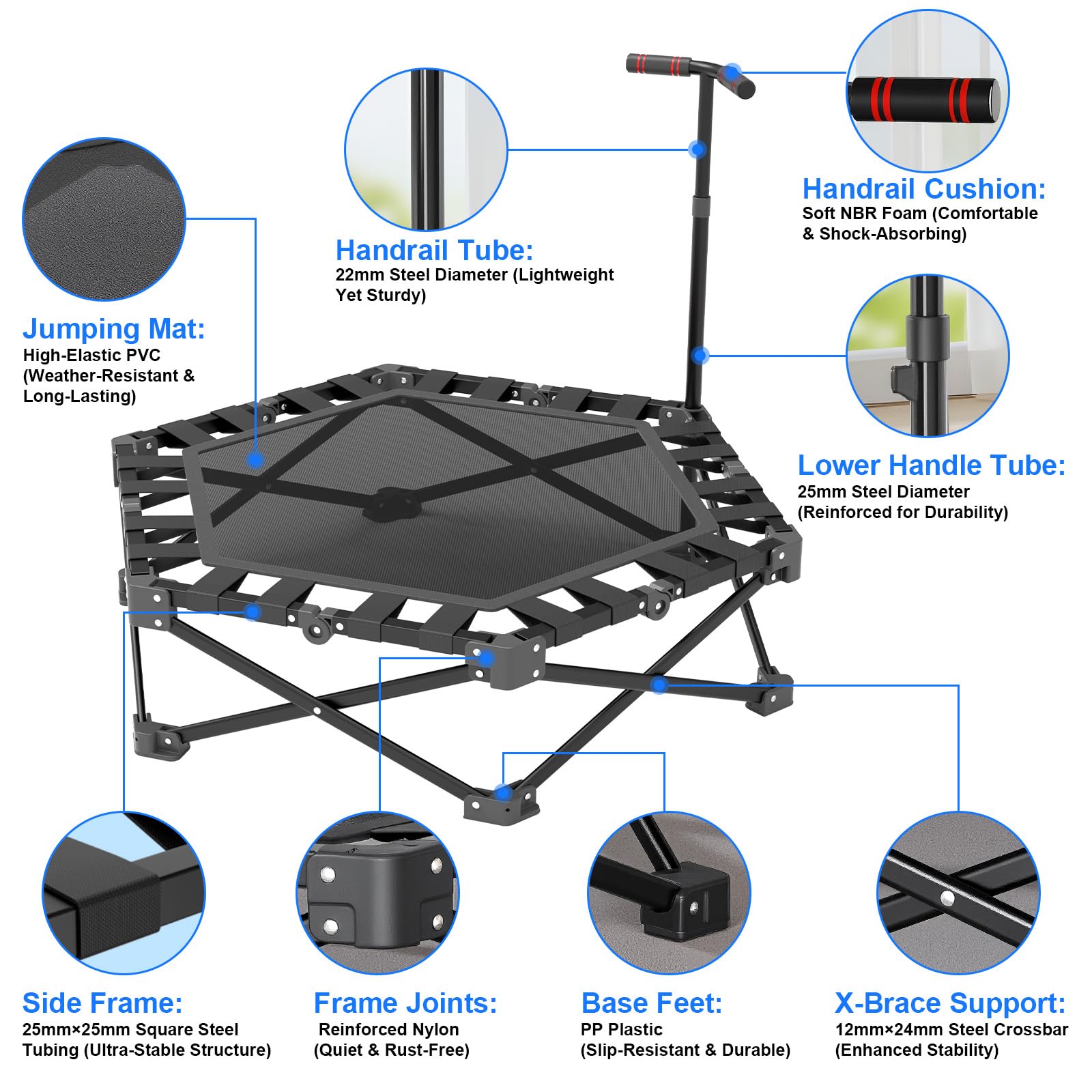 Fitness Trampolin Klappbar, Mini Trampolin Indoor 106cm mit 3-Fach Höhenverstellbarem Griff, Extra Stabiler X-Rahmen 275kg Tragkraft Minitrampolin für Erwachsene