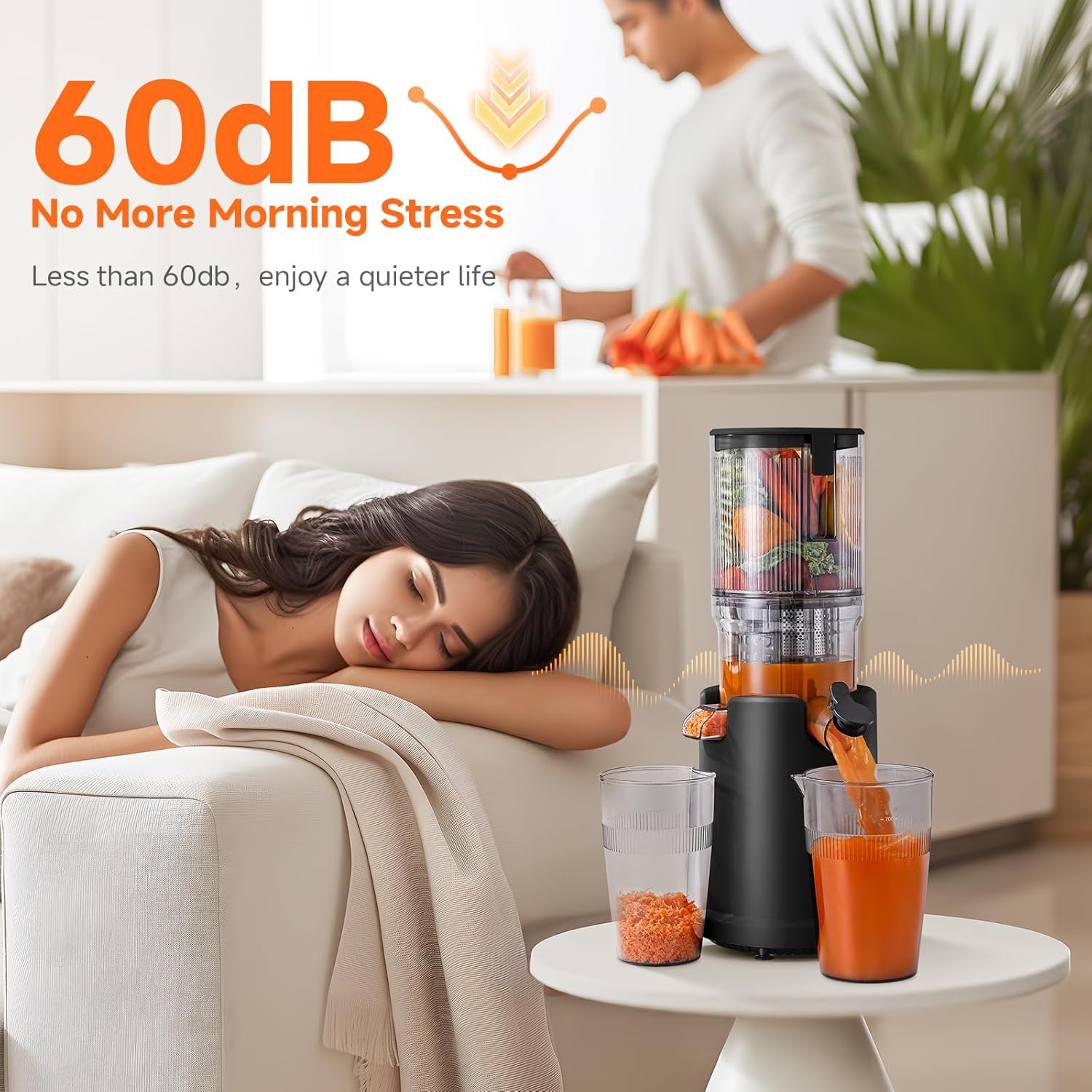 Person sleeping peacefully while the juicer operates quietly in the background