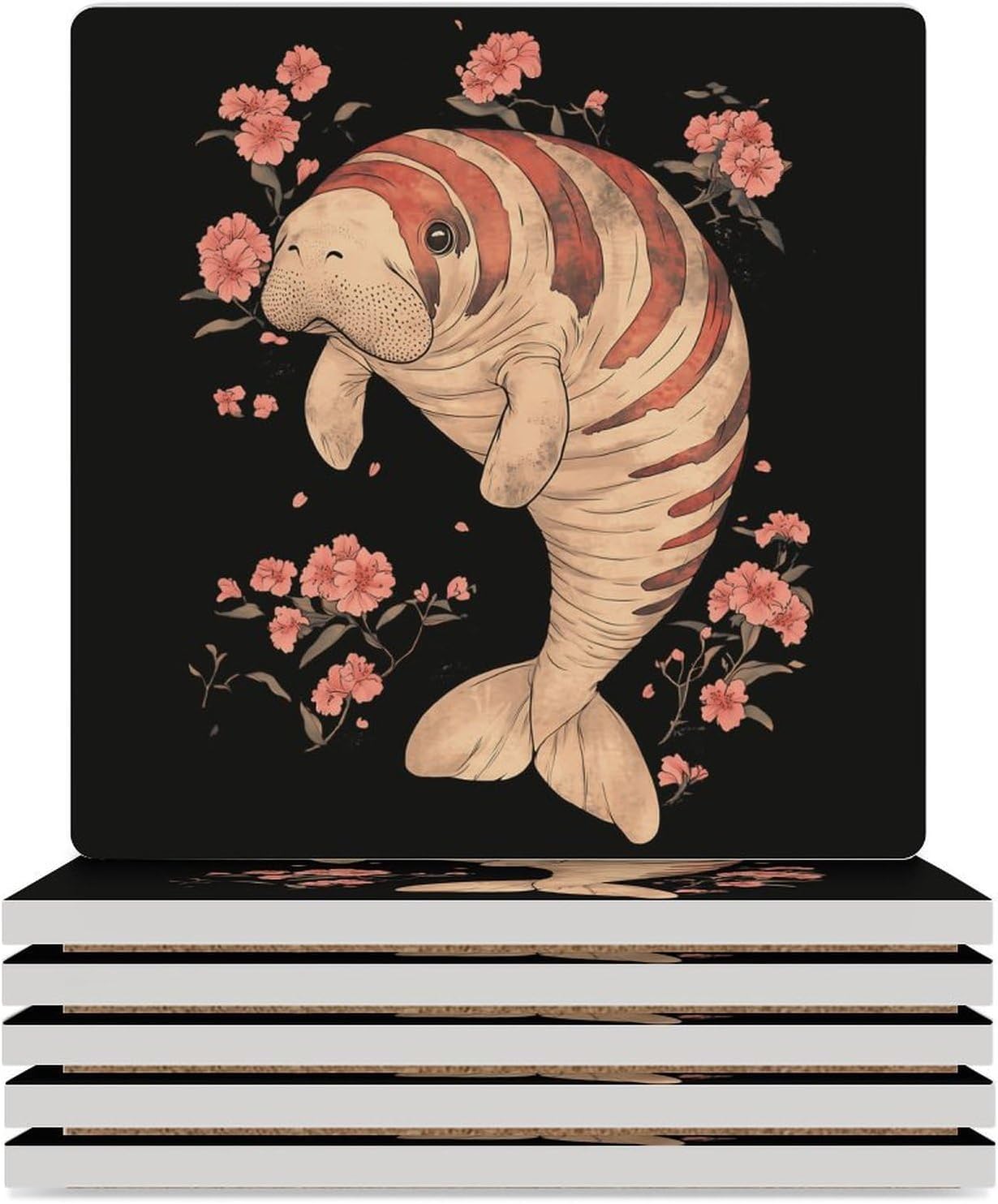 Vintage Manatee Ocean Ceramic Coasters Square Drinks Coaster Coffee Table Decor Table Coaster for Home Bar