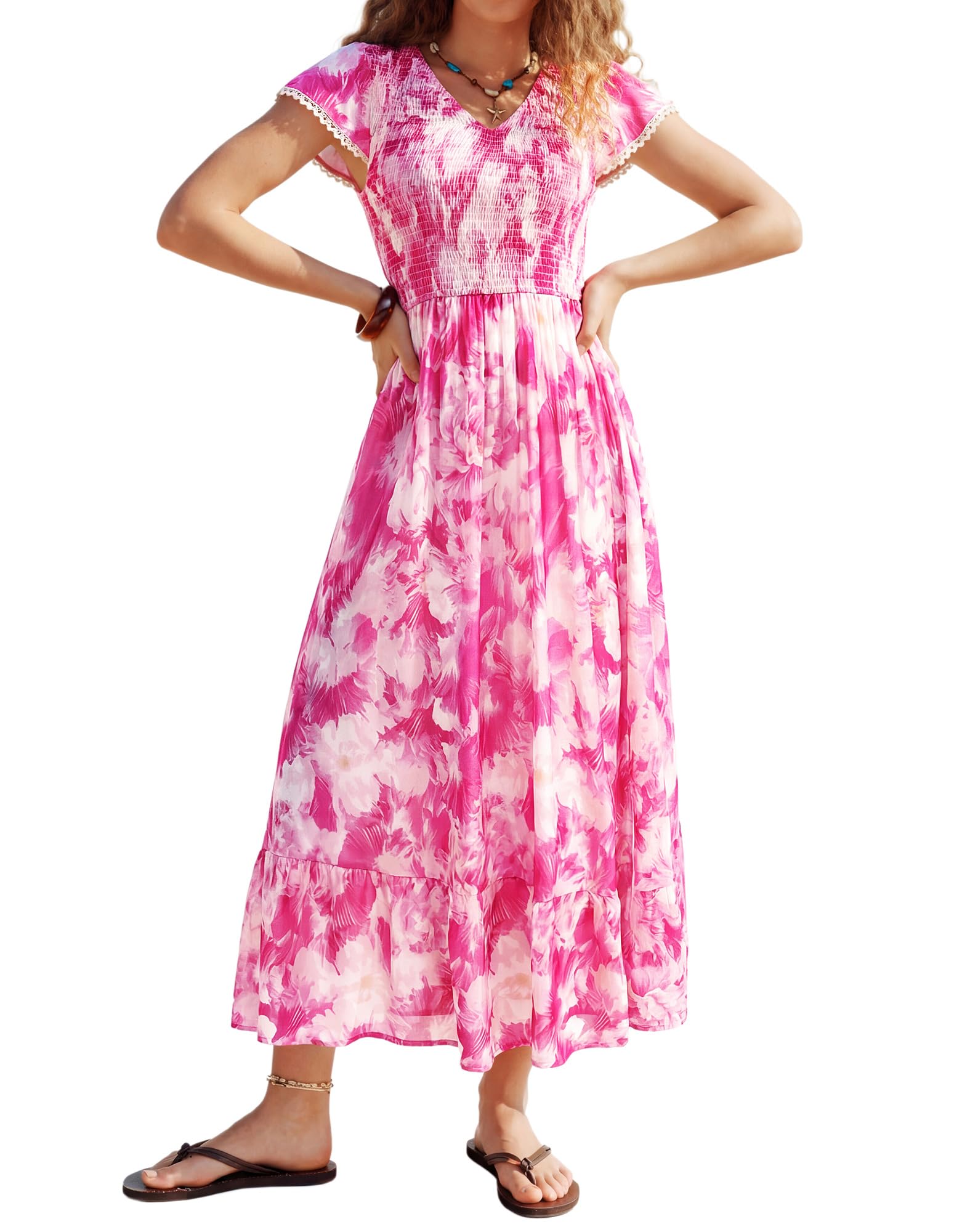 Kate Kasin Women's Floral Flowy Boho Dress Elastic Smocked Casual Dress Ruffled Short Sleeve Sundress Rose Pink L