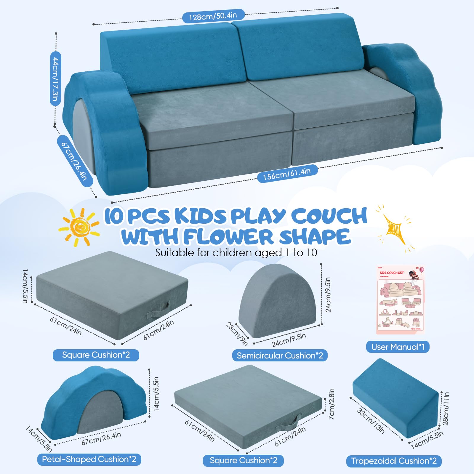 Canapé pour Enfants, canapé de Jeu modulaire, canapé pour Enfants, Meubles de Chambre et de Salle de Jeux pour Tout-Petits, Mousse Convertible (Lot de 10, Gris/Bleu)