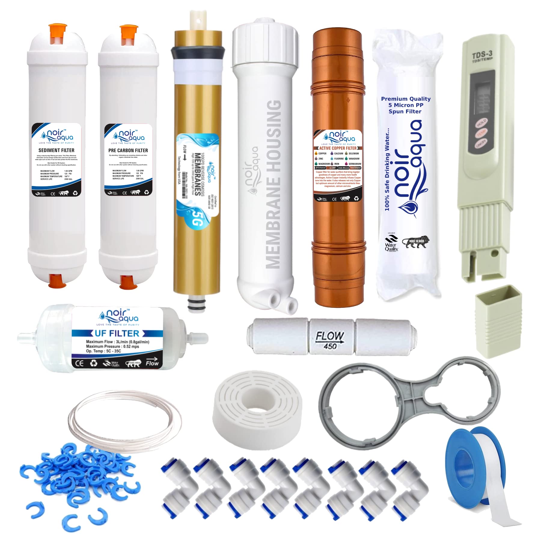 Noir AquaComplete 1 Year Maintenance Service Replacement Kit for RO Water Purifier with Active Copper Filter Cartridge of 100 GPD Membrane 3000 TDS, (15 Items with TDS Meter)