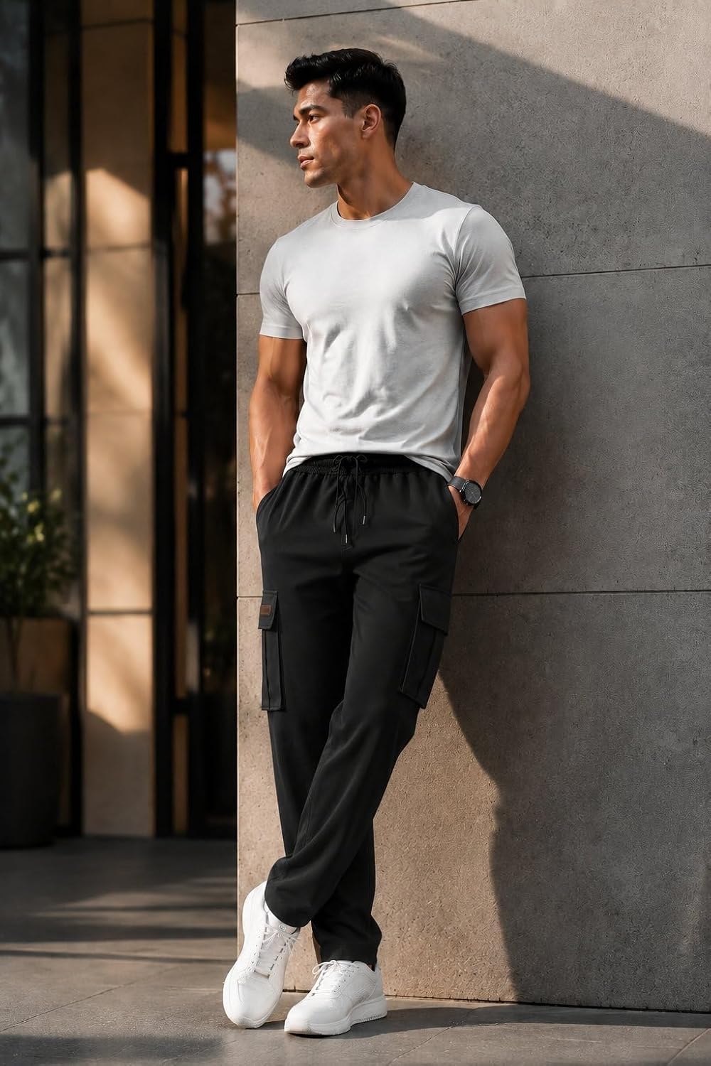 Ntrlv Mens Casual Cargo Pants for Men Lightweight Drawstring Elastic Waist Outdoor Travel Cargo Trousers with Multi Pockets