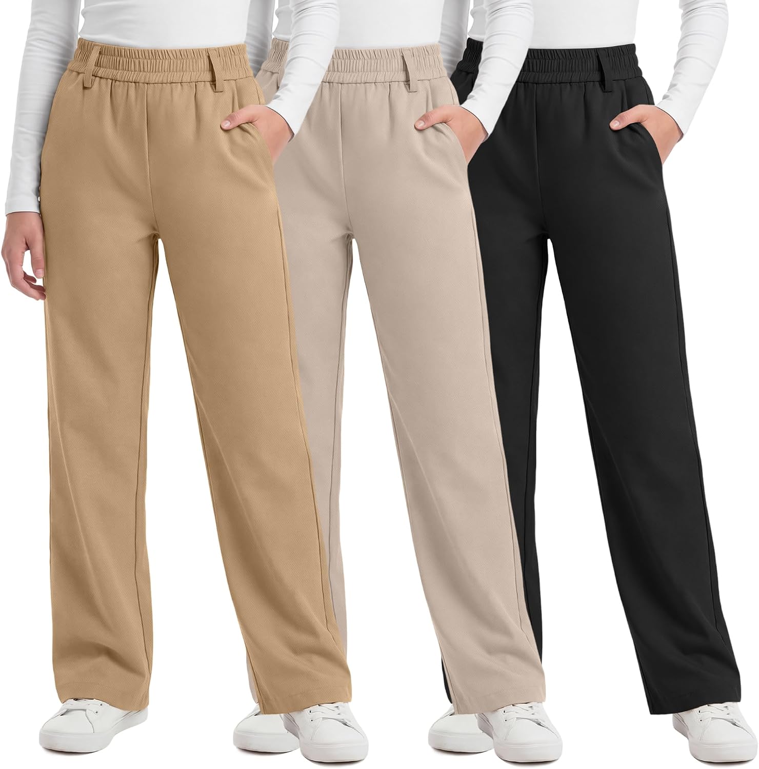 3 Pcs Girls' School Uniform Pants 5-14Y Straight Fit Kids Chino Pants Elastic Waist Trousers with Pockets for Teens
