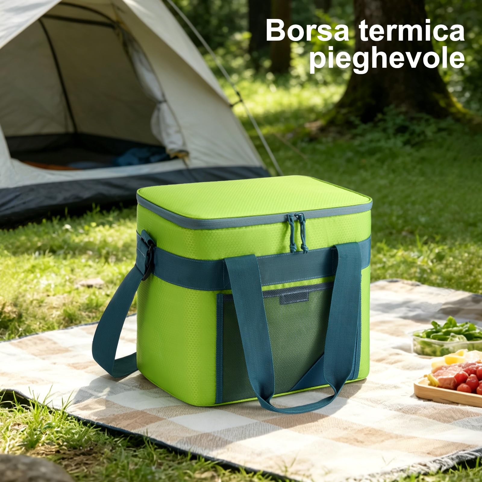 Borsa Termica 30L per Picnic, Campeggio, Spiaggia, Verde | Isolamento termico avanzato, Cinturino imbottito e manici rinforzati