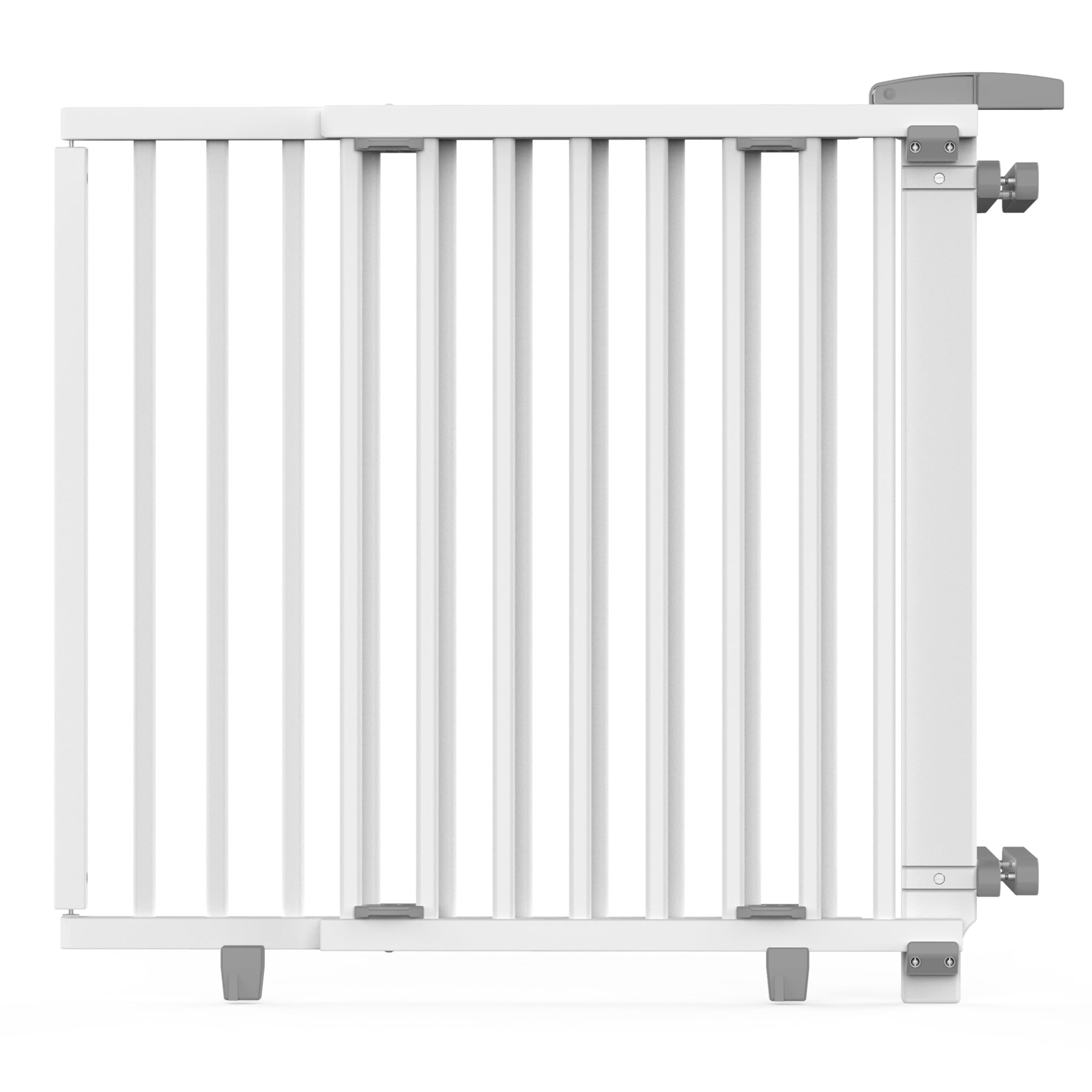 Geuther Treppenschutzgitter Oris | Türschutzgitter zum Anschrauben inkl. 2X Klemmen für Treppengeländer, Breite 95-135 cm | Stabiles Türgitter mit Schwenktür, Zertifiziert | Kindergitter Holz, Weiß