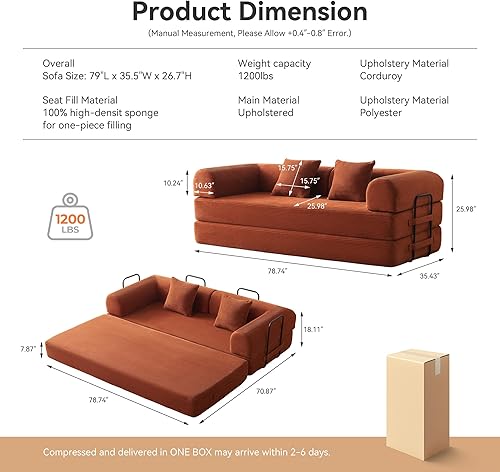 Miniatura 2 de Sofá cama convertible con 2 almohadas, futón de pana moderna, sofá modular con cama extraíble, sofá biplaza para sala de estar, apartamento de