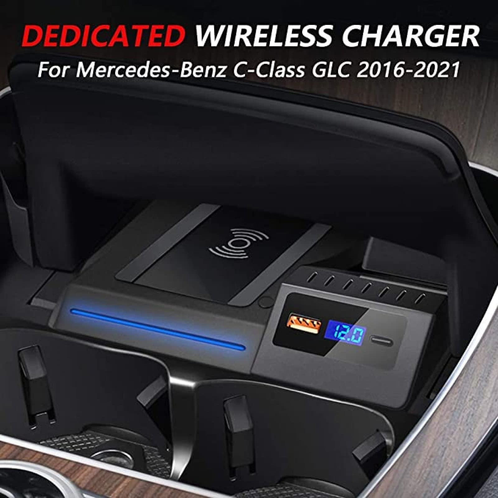 Cargador de Coche inalámbrico para Clase C GLC 2016 2017 2018 2019 2020 2021 con USB QC3.0 y Puerto PD de 18 W, Plataforma de Carga inalámbrica rápida para teléfono móvil de 15 W (conexión de p