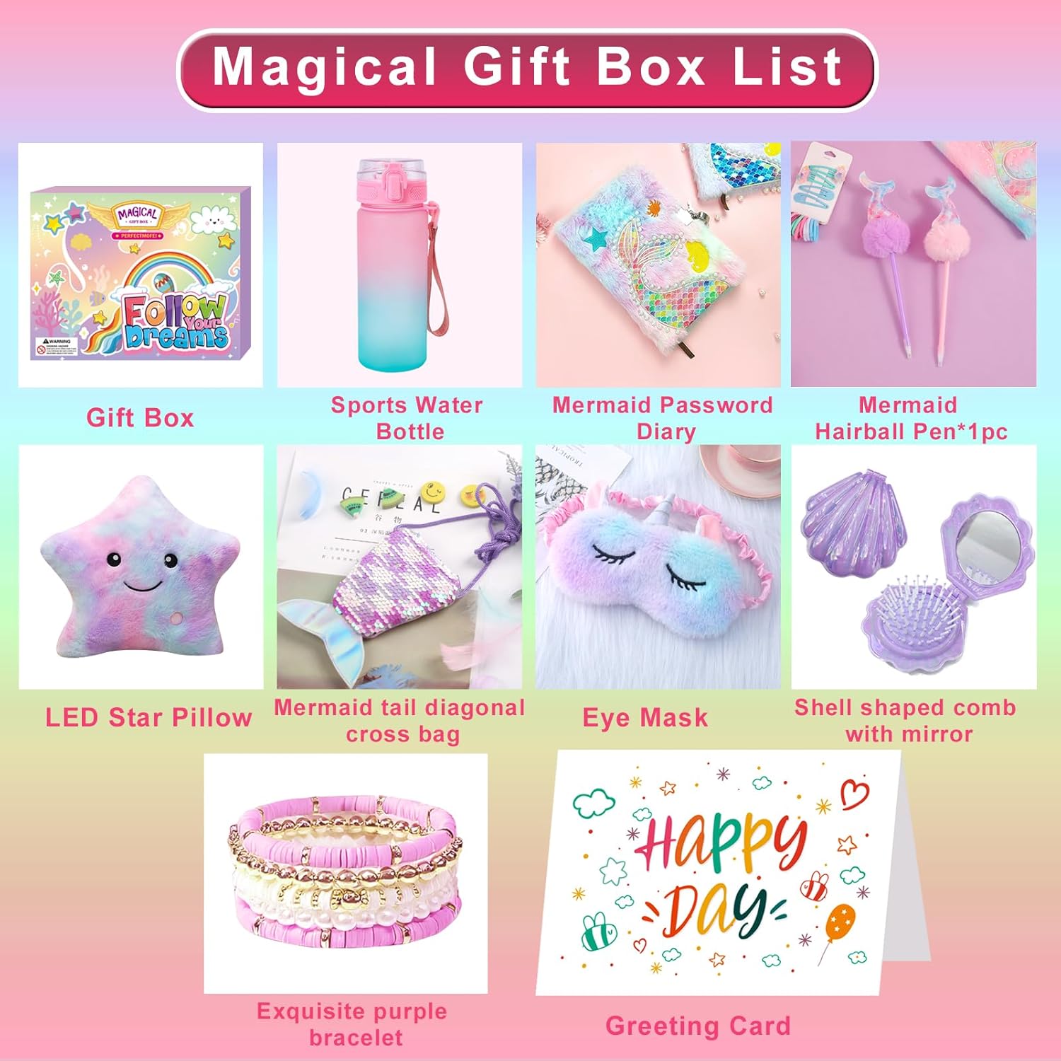 Unicorn & Mermaid Gift Box for Girls - Light Up Pillow, DIY Water Bottle & Plush Toys Gifts Set, Birthday for Daughter, Niece Ages 4 5 6 7 8 9 10 12 Year Old