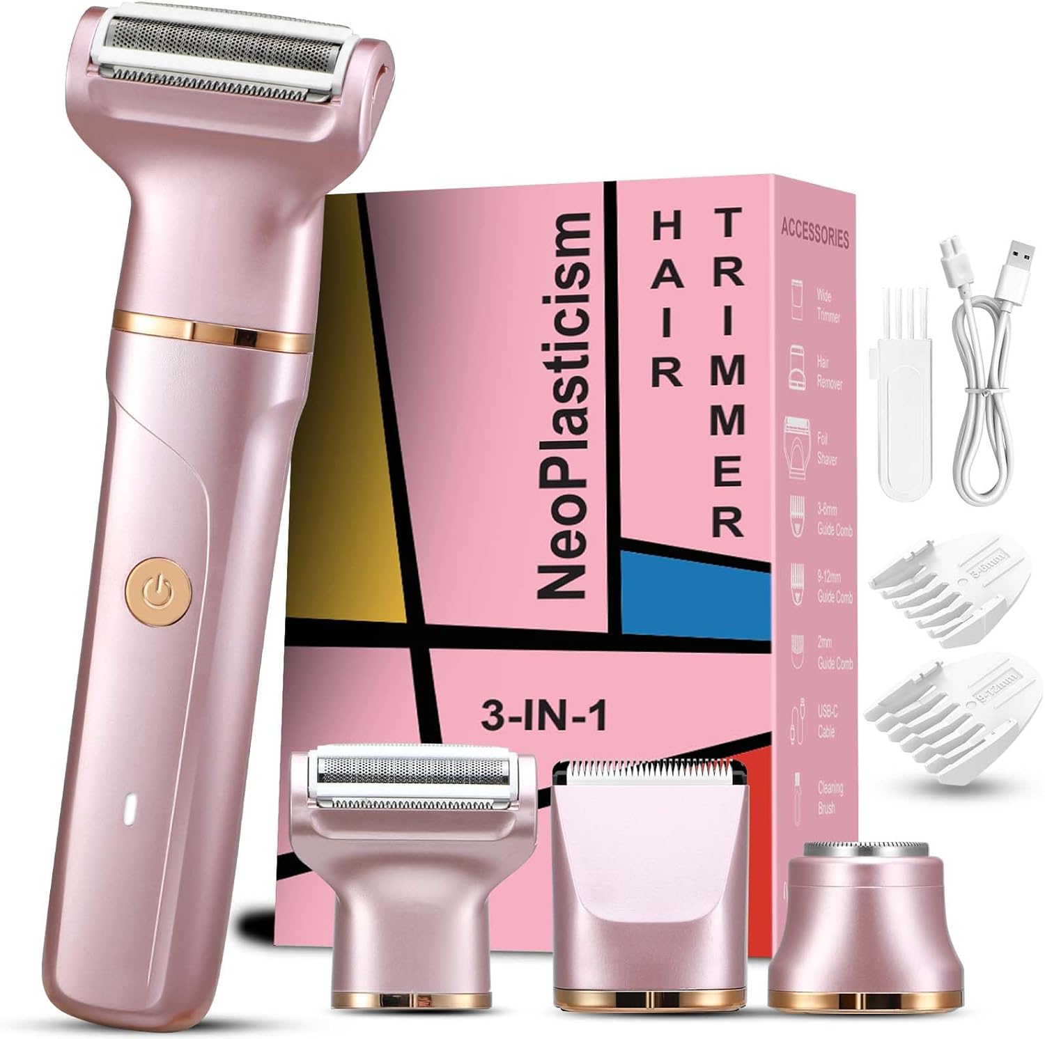 Bikini Trimmer for Women, 3-in-1 Electric Razors for Women with Ceramic Blades & IPX7 Waterproof Design - Rechargeable Cordless Electric Shaver for Lady for Legs, Underarms, Face & Bikini Line