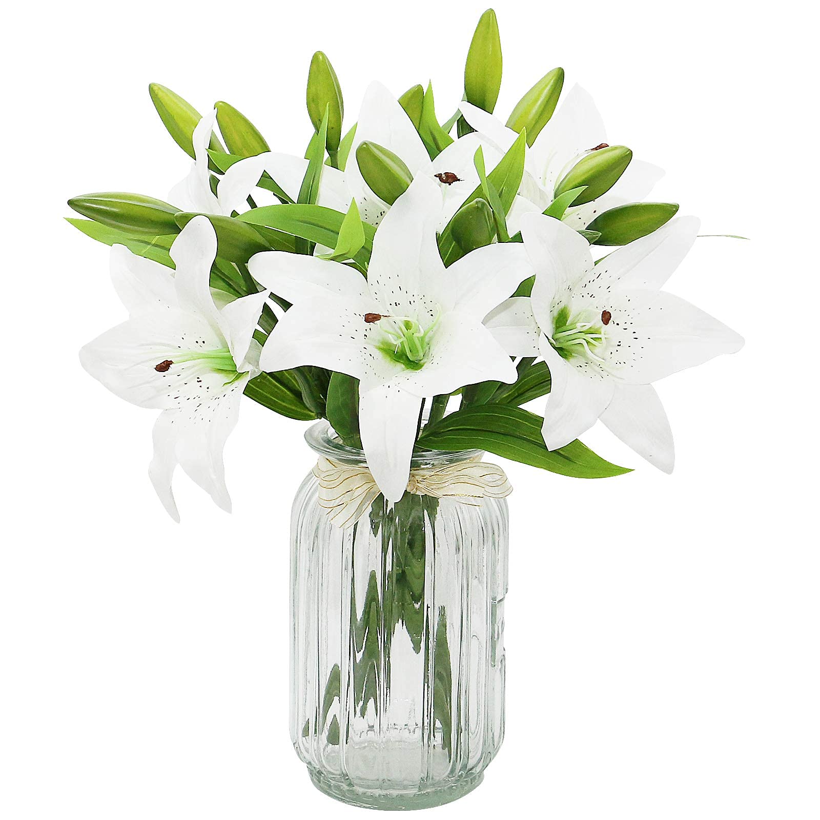 HAOSHICS 6Pcs Artificial Lily Flowers, Fake Lily Bouquet, Latex Real Touch Flowers for Home Office Wedding Party Vases Table Centerpieces Decor (White)