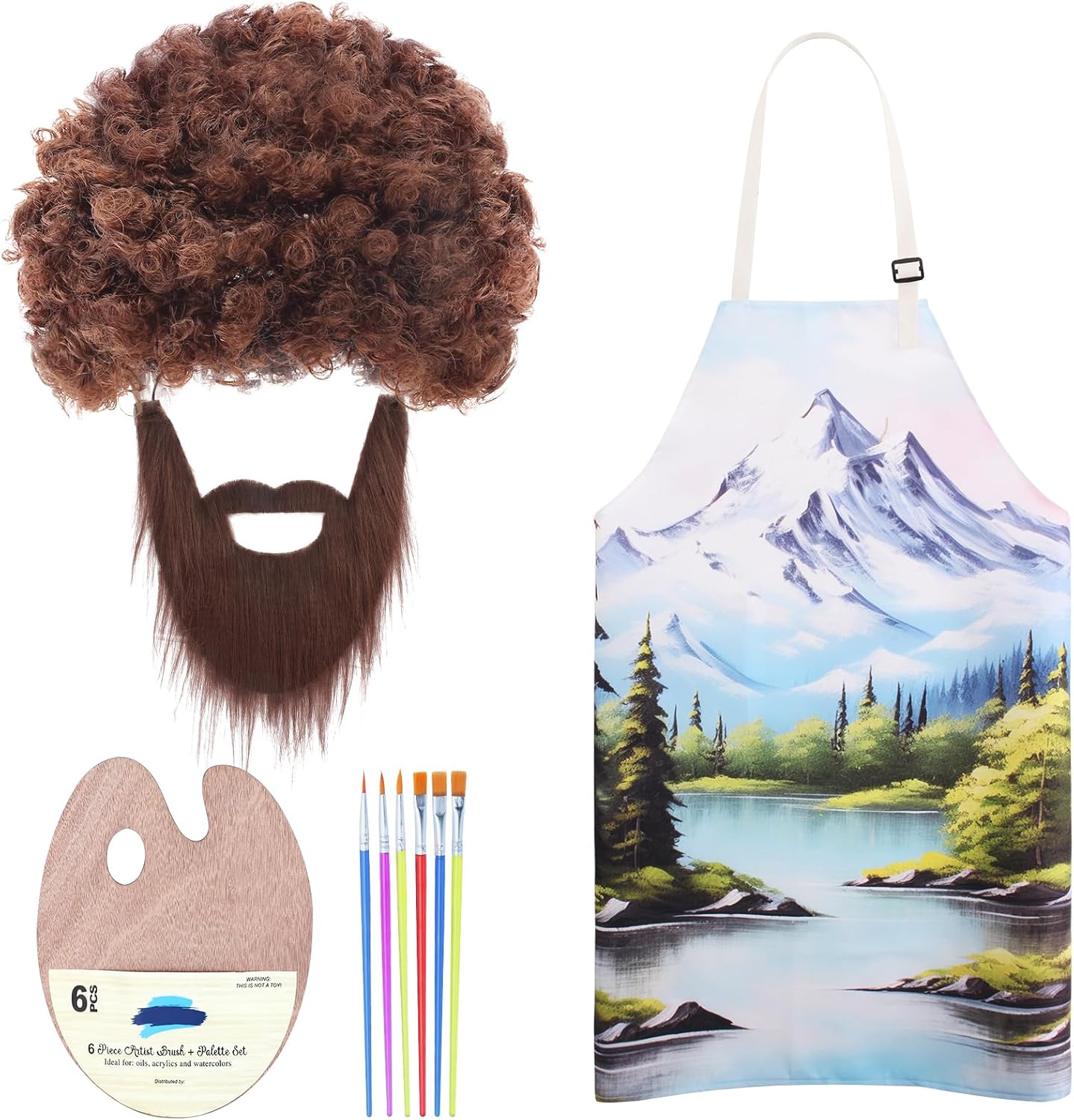 Kyson 80's Painter Costume 10 Pcs Brown Afro Wig Fake Whiskers Aprons Painting Brushes Set for Halloween Couple Cosplay