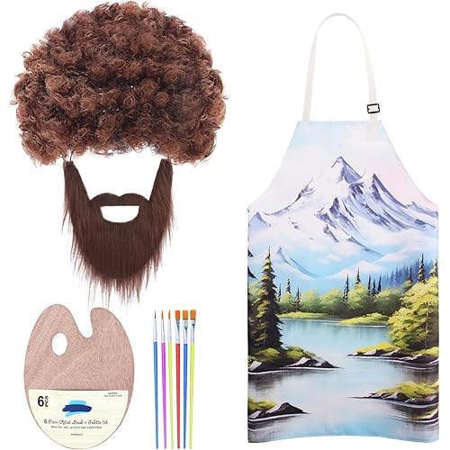 Kyson 80's Painter Costume 10 Pcs Brown Afro Wig Fake Whiskers Aprons Painting Brushes Set for Halloween Couple Cosplay