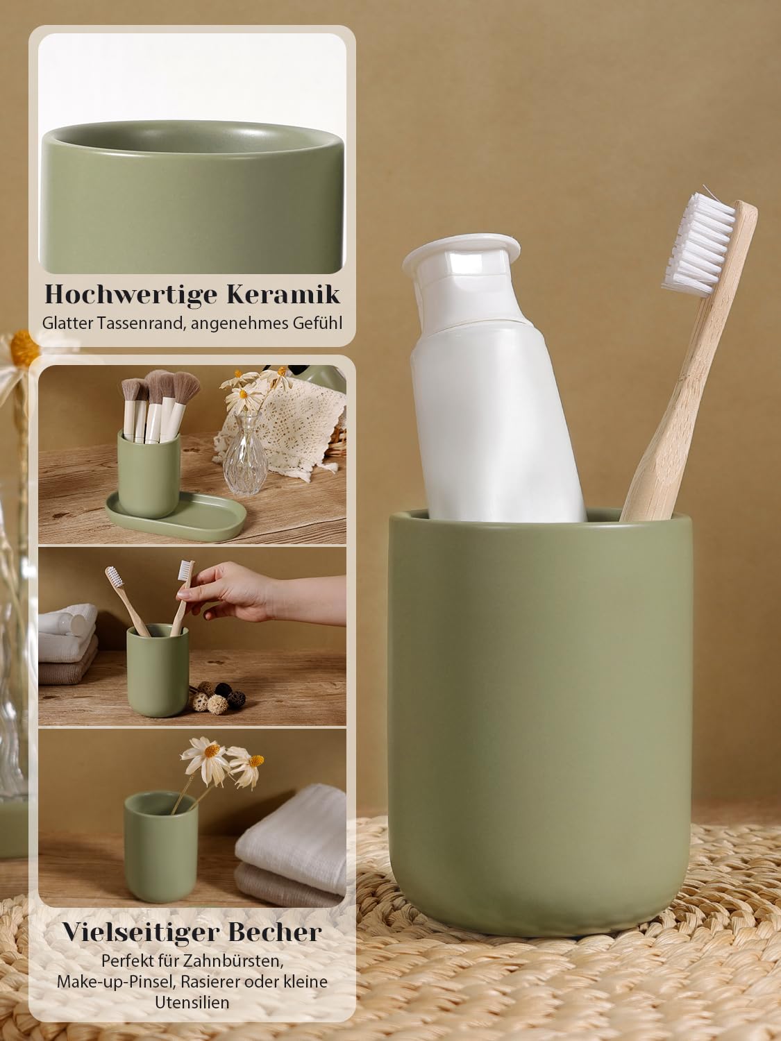 Badezimmer Zubehör Set Grün, 3-Teilig Keramik Bad Set Praktisch Bad Zubehör Set mit Schmal Seifenspender, Zahnputzbecher & Ablageschale für Bad, Waschbecken