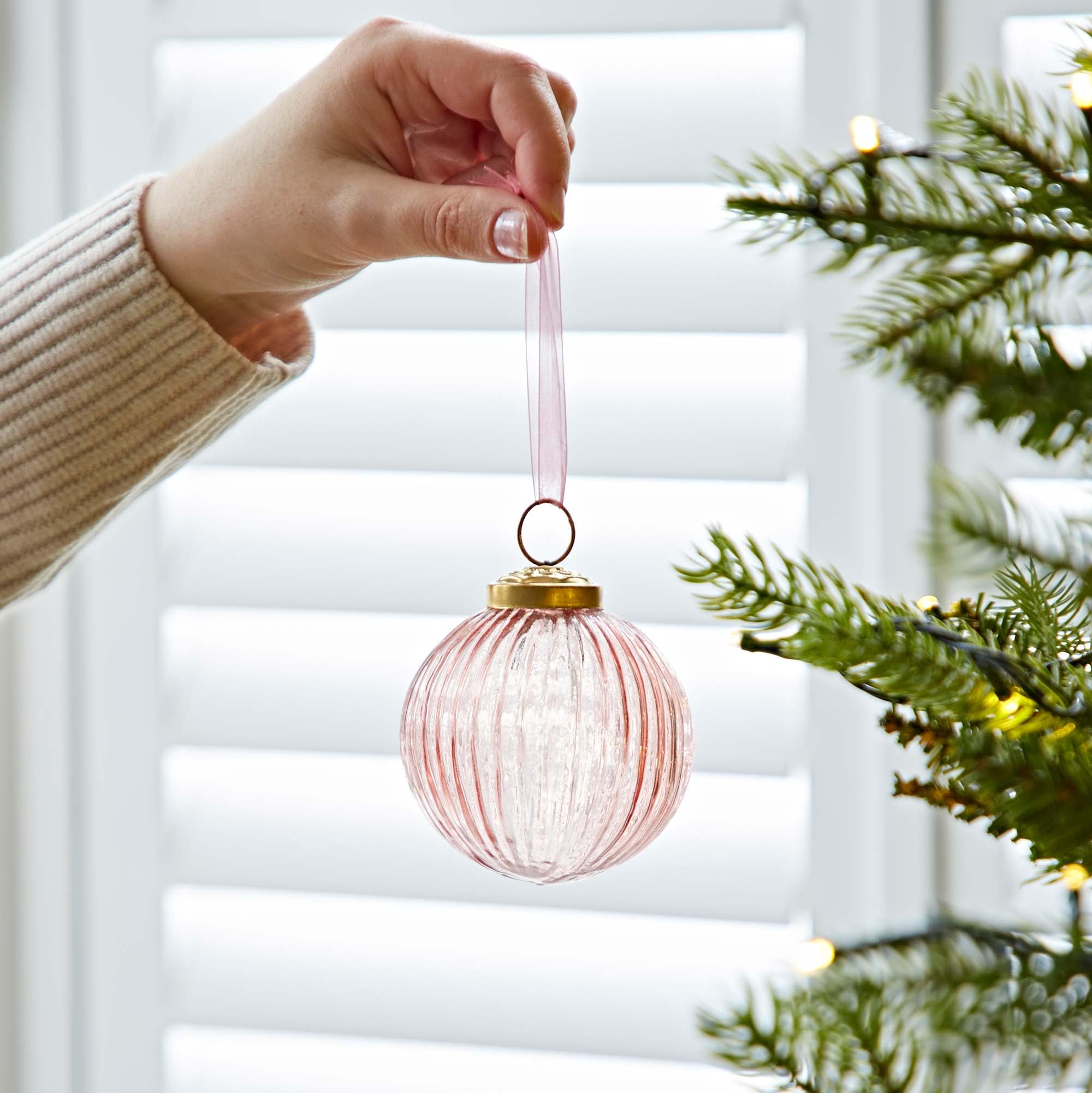 Coloured Recycled Glass Ribbed Baubles - Fair Trade Holiday Décor - Handmade Xmas Hanging Glass Ornaments - Christmas Tree Decoration (Pink)