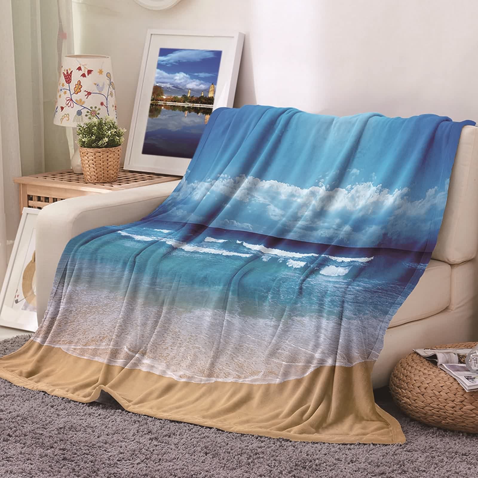 Couverture pour le lit et le canapé grand format motif mer et plage en flannel