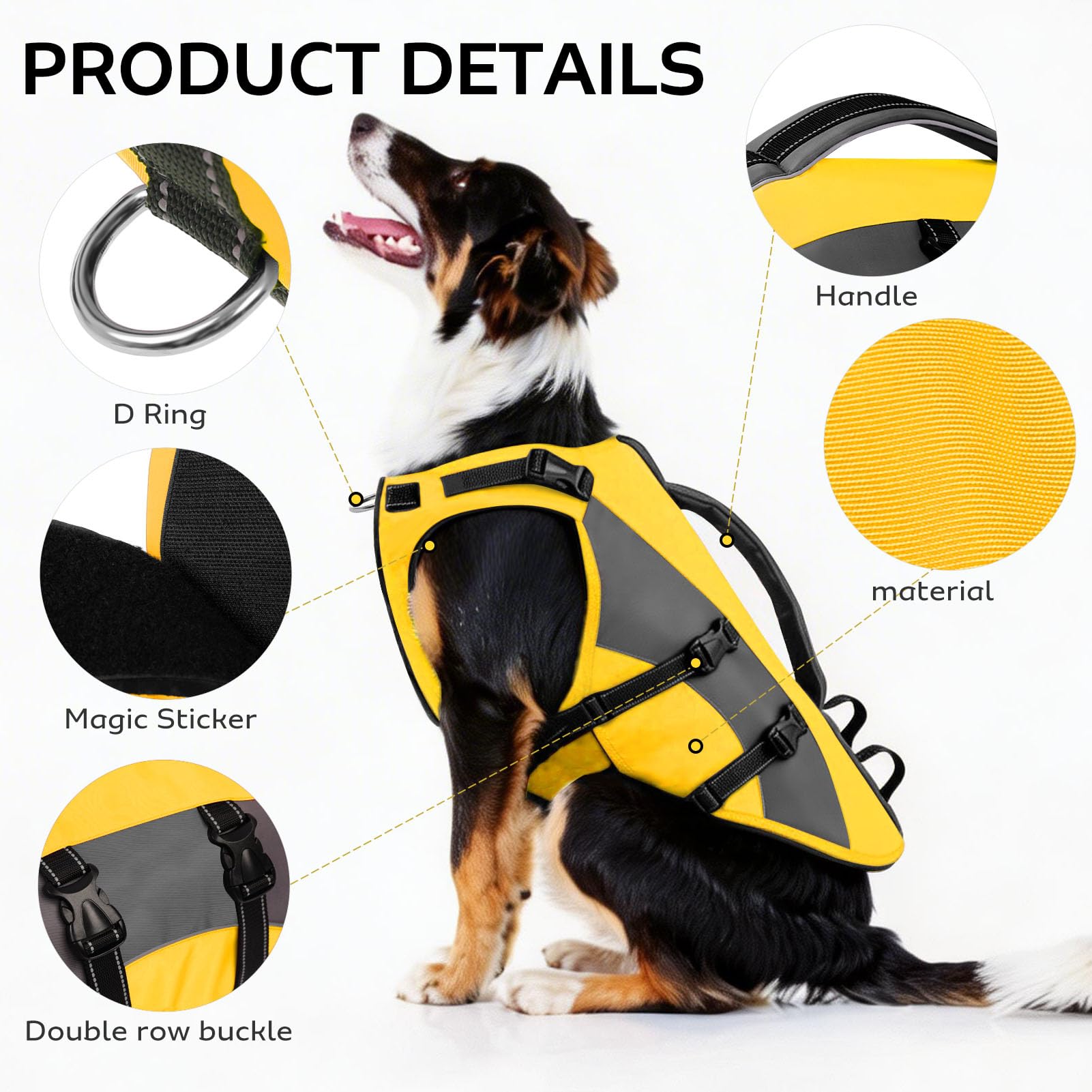 CITÉTOILE Giubbotto di Salvataggio per Cani, Salvagente Cane Regolabile Ripstop, con Maniglia e Strisce Riflettenti, per Gli Sport Acquatici, Dog Life Jecket, Giallo, M