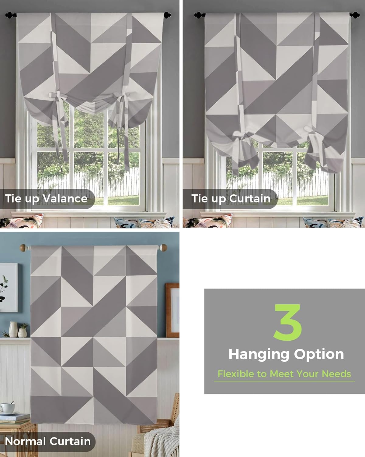 Tie Up Window Shade Curtain Neutral Grey Geometric Triangle Kitchen Adjustable Balloon Curtains Shades Drape 46x63In for Living Room/Bedroom/Cafe Windows Abstract Modern Art