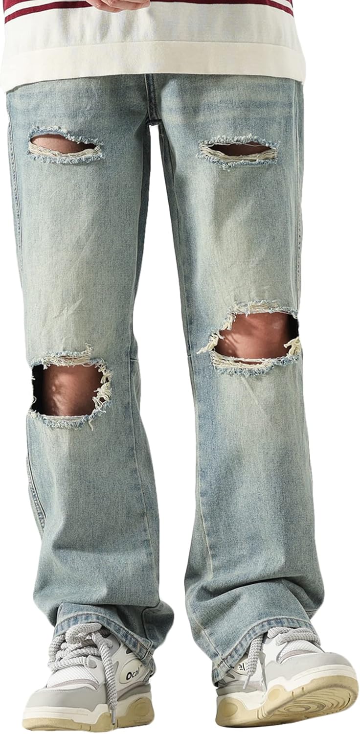 DOSLAVIDA Mens Jeans Regular Fit Ripped Jean Relaxed Fit Straight Leg Distressed Skateboard Denim Pants - Image 4