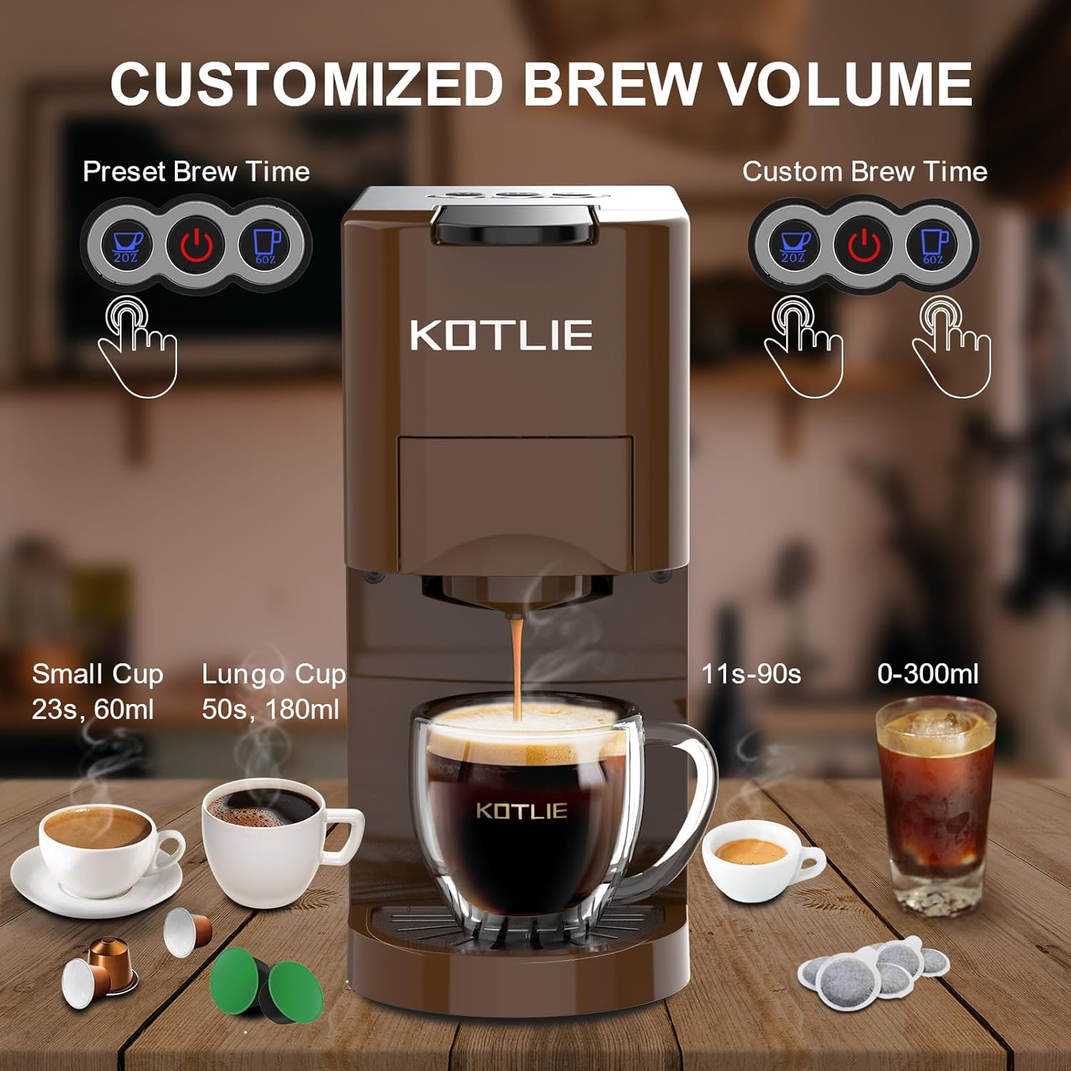 KOTLIE coffee machine showing preset and custom brew volume options for small and lungo cups